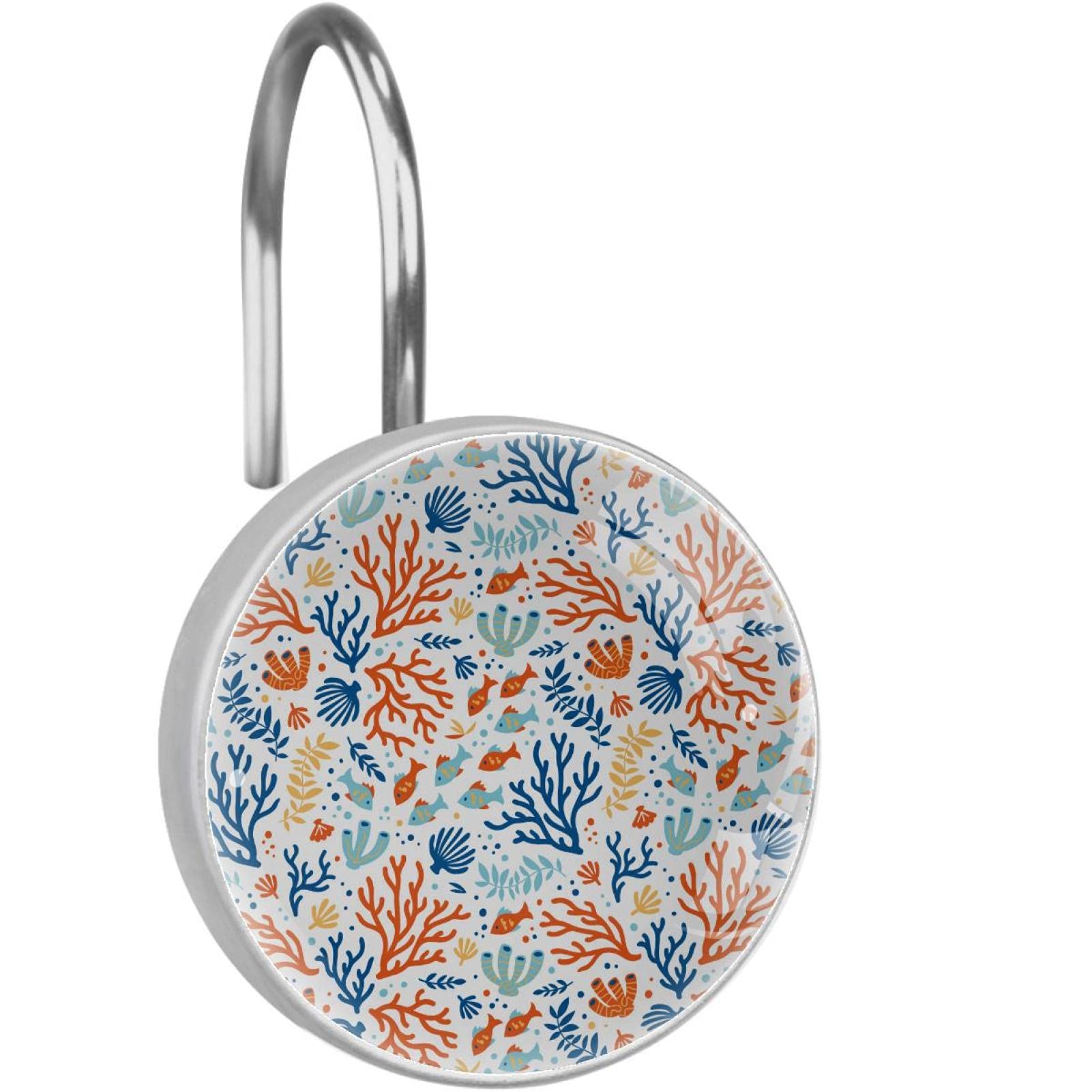 Crochets de rideau de douche en acier inoxydable lot de 12 avec motif poissons coralliens