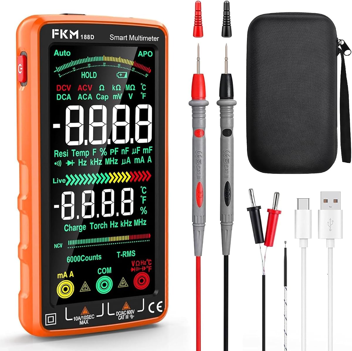 FKM Smart Digital Multimeter Tester TRMS 6000 Counts,Rechargeable Voltmeter | 5"Color LCD,Auto-Ranging Automotive Multimeter,for AC/DC Current,AC/DC Voltage,NCV,Ohm,Capacitance,Resistance,Continuity,Temp