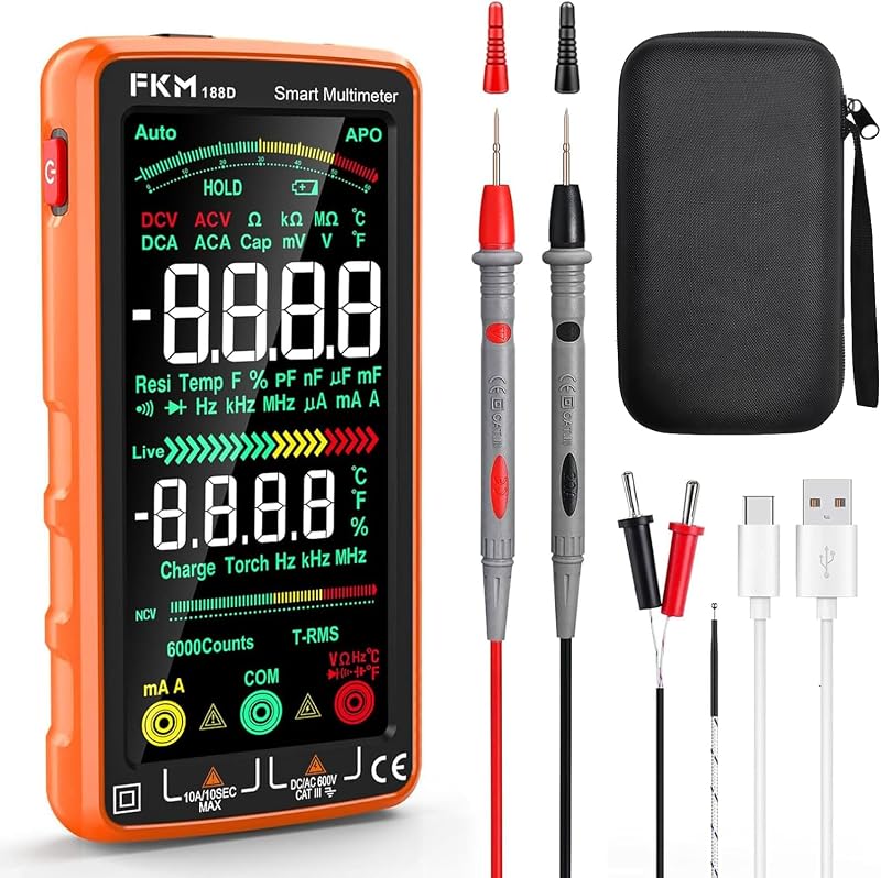 FKM Smart Digital Multimeter Tester TRMS 6000 Counts,Rechargeable Voltmeter | 5"Color LCD,Auto-Ranging Automotive Multimeter,for AC/DC Current,AC/DC Voltage,NCV,Ohm,Capacitance,Resistance,Continuity,Temp