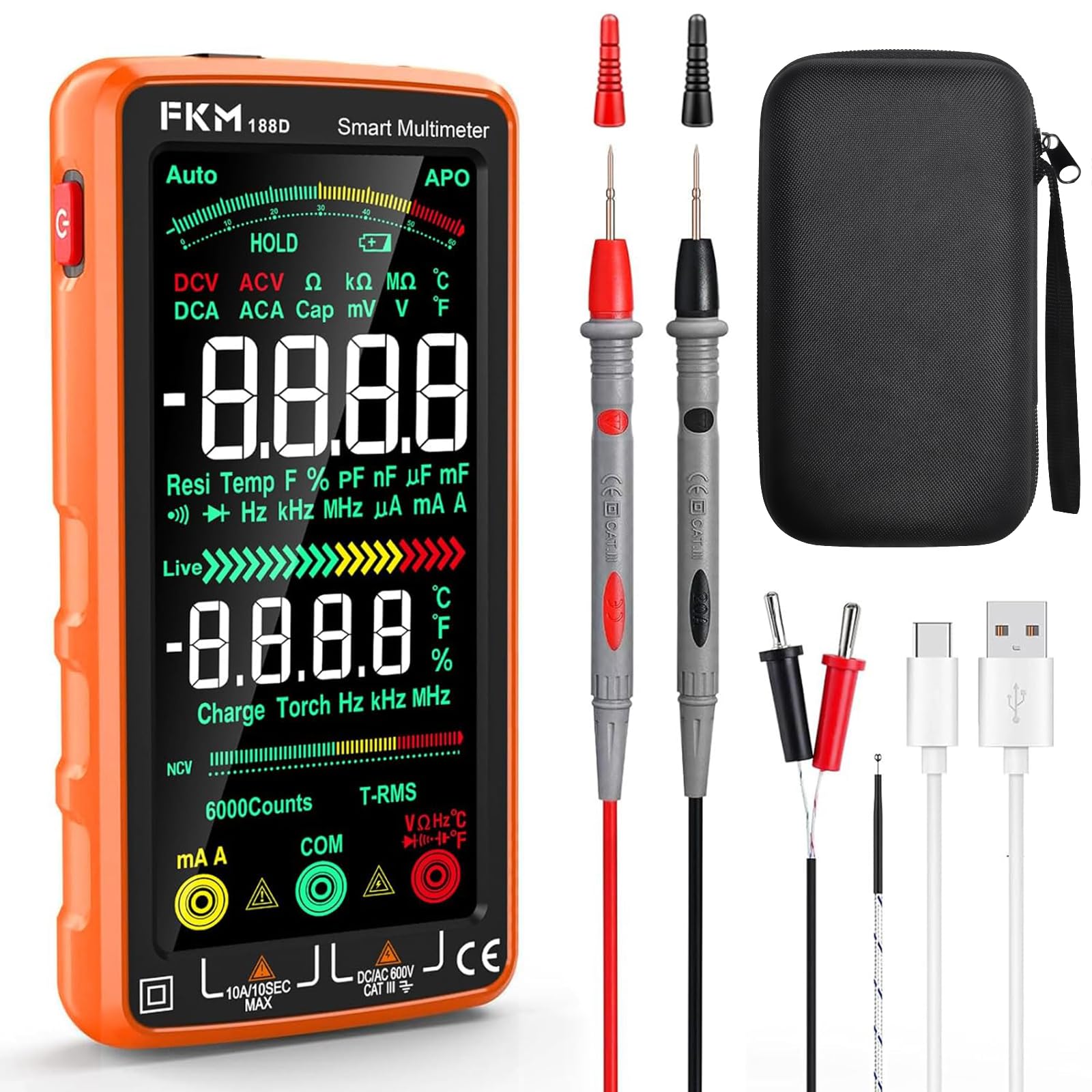 FKM Pro Digital Multimeter Tester TRMS 6000 Counts,Smart Rechargeable Voltmeter 5"Color LCD,Auto-Ranging Automotive Multimeters,for AC/DC Current/Voltage,NCV,Ohm,Capacitance,Resistance,Continuity,Temp