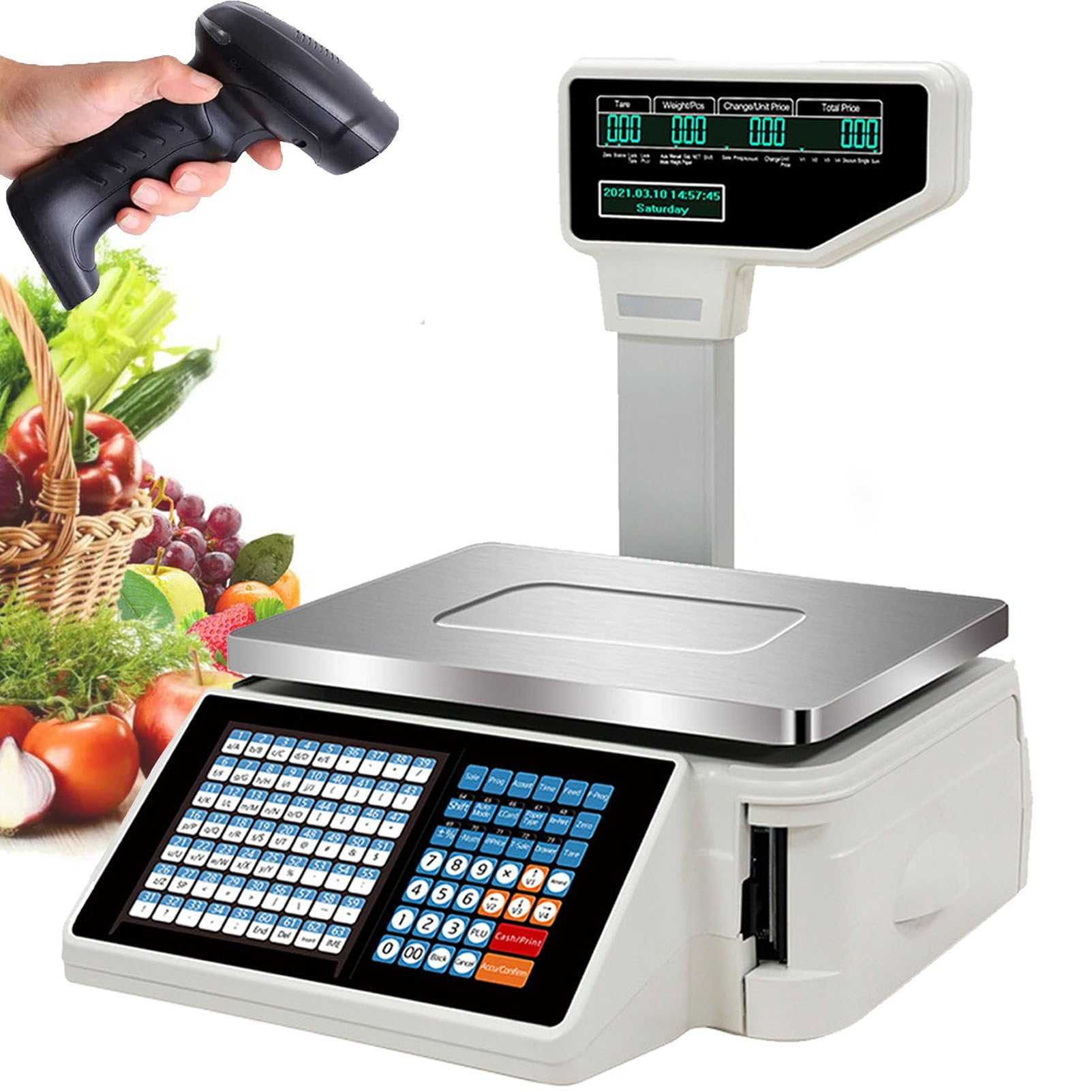 SaryEdge Digital Barcode Weighing Scales with Label and Receipt Printer, Back Front Dual Display, 63 Shortcut Keys, Commercial Label Printing Scales for Supermarket/Retail St,B
