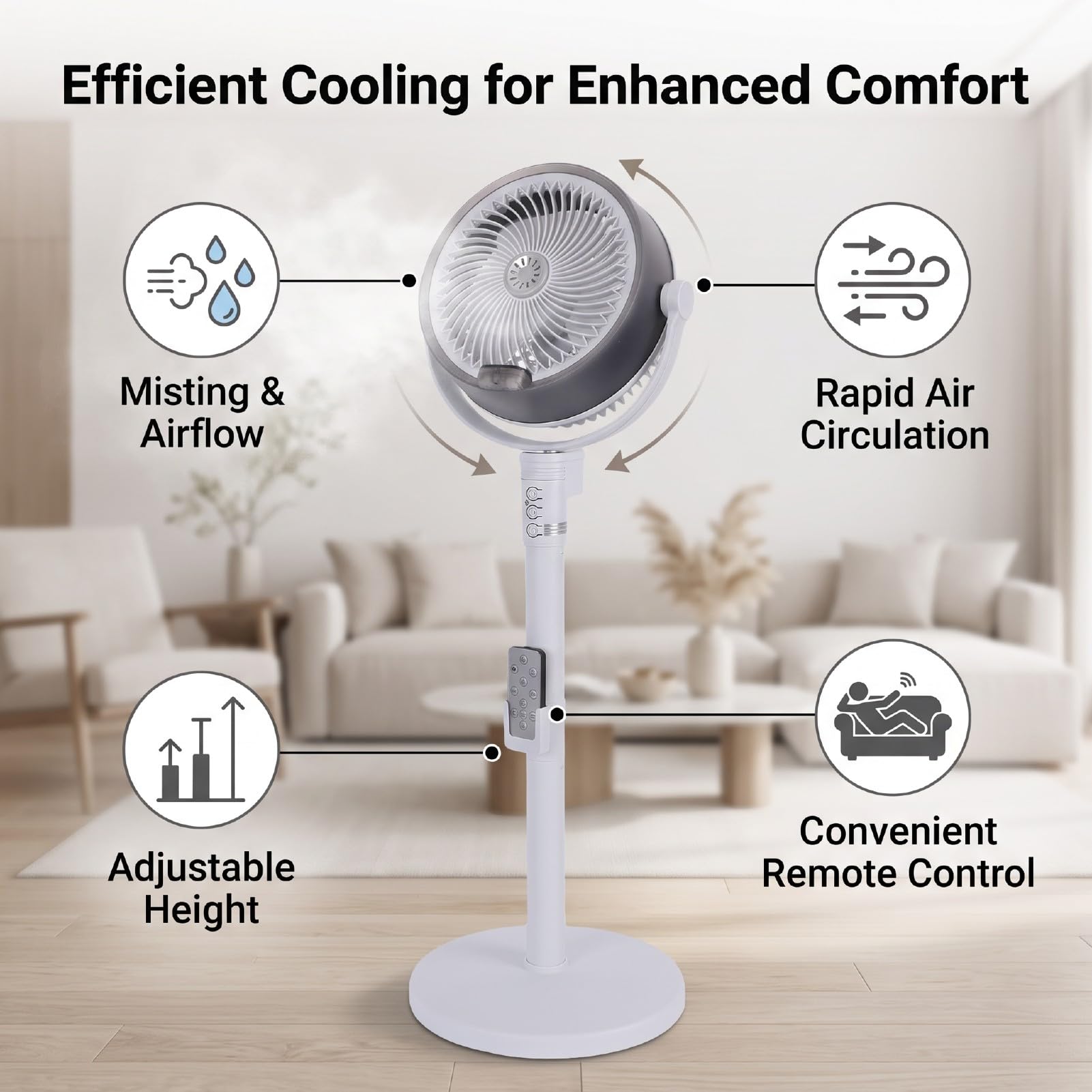 Ventilatore a Piantana Oscillante con Telecomando, Ventilatore da Pavimento Portatile USB Ricaricabile 4 velocità Altezza Regolabile Timer 3-9 Ore Oscillazione 90 120 150 Gradi (WHITE)