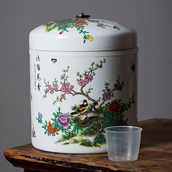 Ceramic Rice Storage Container - Sealed Bucket, Box, Jar, Dispenser, Large-Capacity Pot for Rice and Cat/Dog Food - Chinese Design Medium