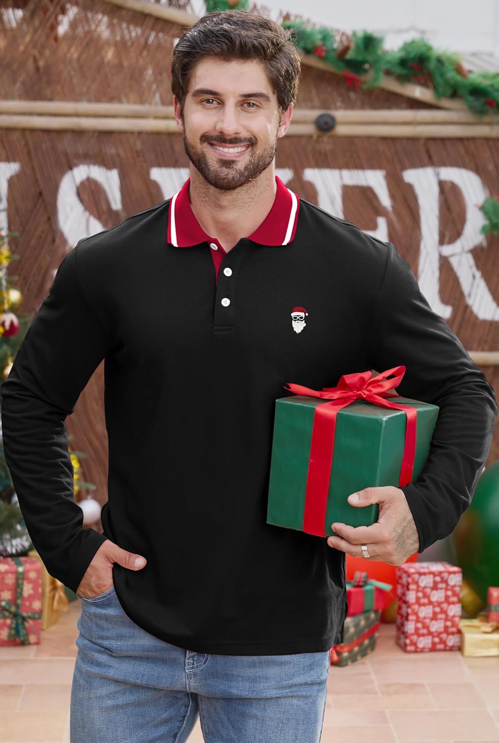Arvilhill Men's Christmas Polo Shirt Embroidered Pique Long Sleeve Business Casual Wear (M-XXL) - Image 2