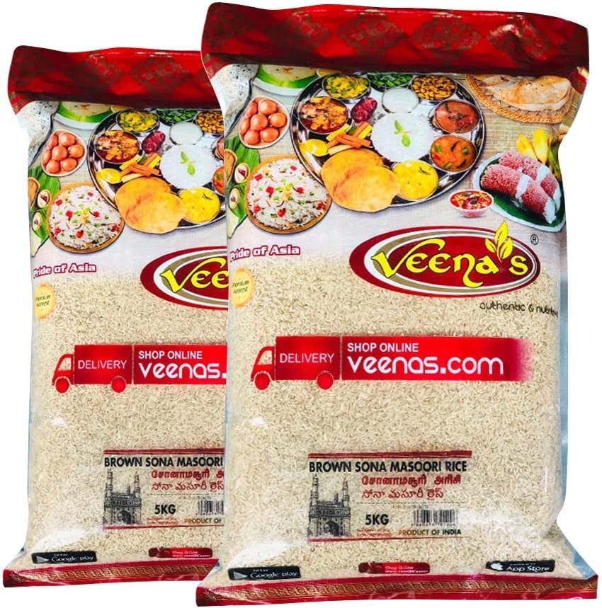 veenasSona Masoori Brown 5KG | All Natural | Gluten Friendly | Vegan | Indian Origin | Export Quality (Pack of 2)