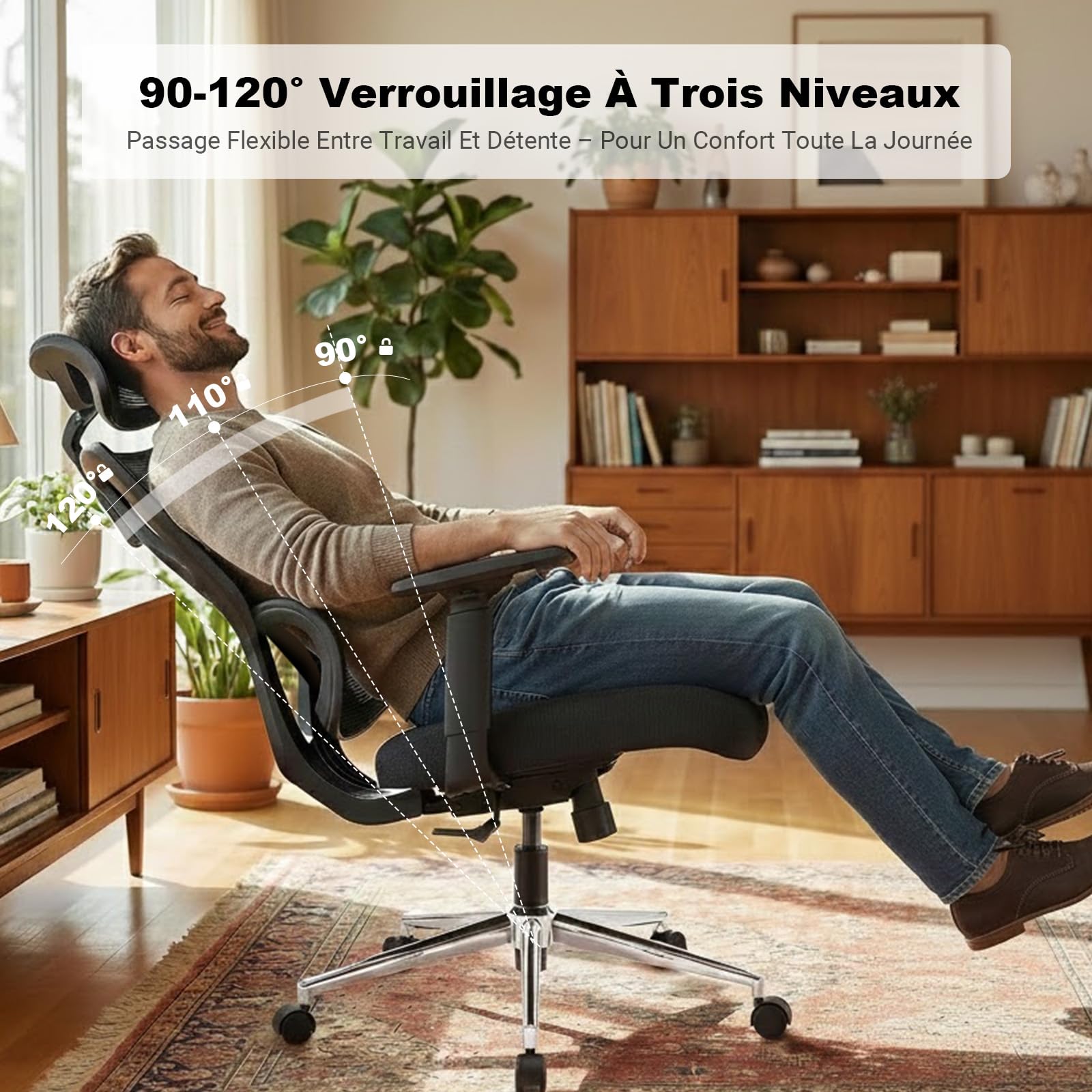 MELOKEA ReliefBack Bürostuhl Ergonomisch 150 kg, Höhenverstellbare Lendenstütze, 3D-Armlehnen, 3-Stufen-Verriegelung, Federkern-Sitzpolster, Großer Schreibtischstuhl EN1335