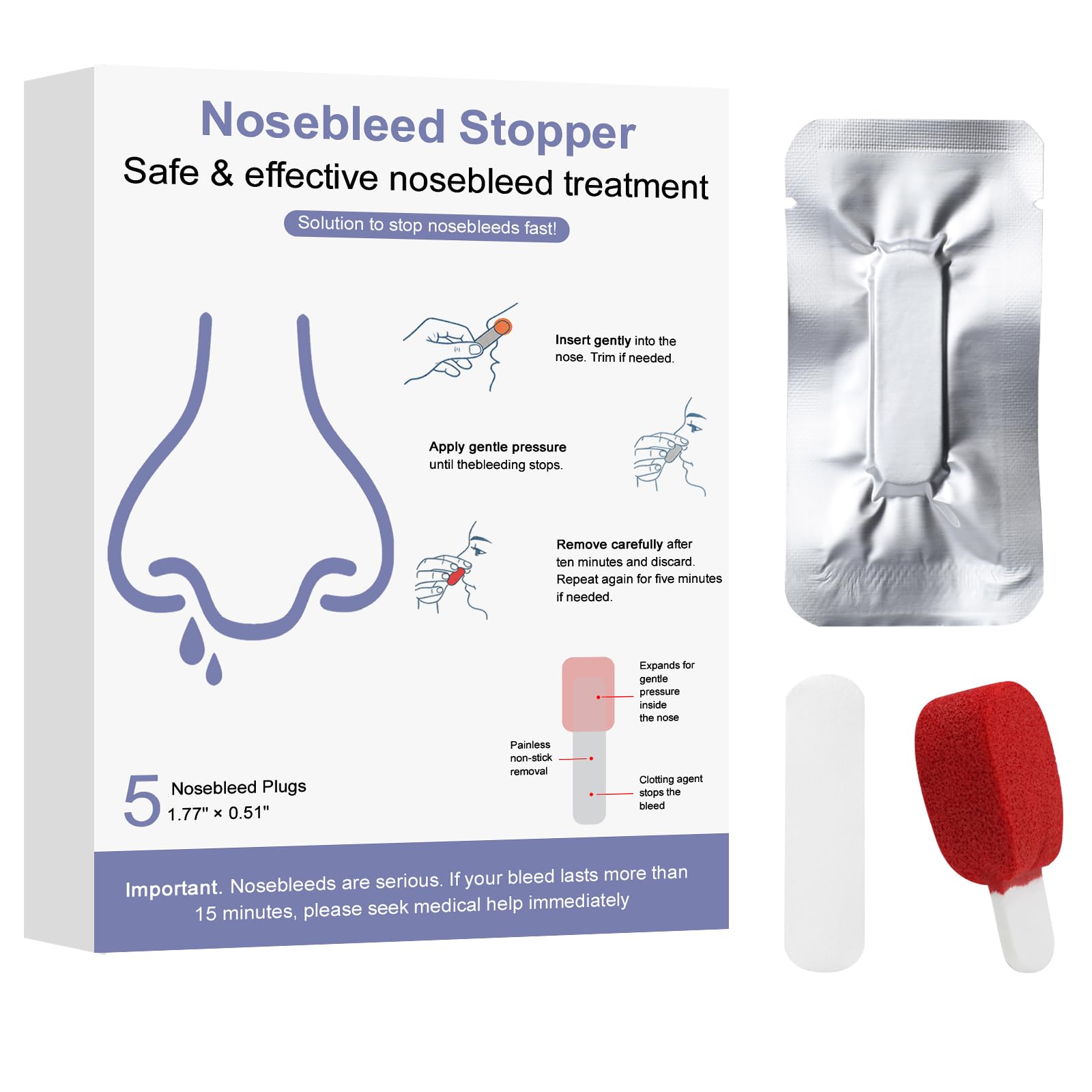 Nose Bleed Plugs 5 Pack Nosebleed Stoppers Super Absorbent Nose Stopper Helps Stop Nosebleeds Quickly and Painlessly