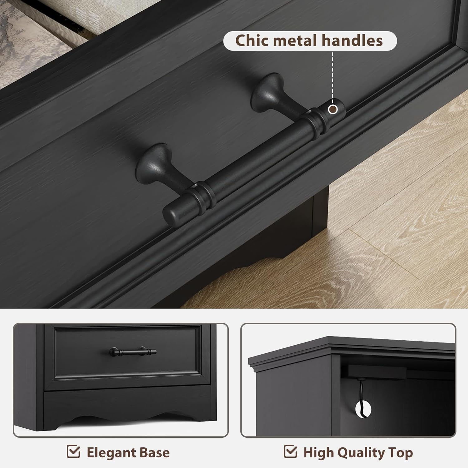 Black Night Stand with Charging Station, Farmhouse Bedside Table & End Table with 2 Drawers and Unique Base Design, Wood Nightstand with Metal Handles for Bedroom, Living Room