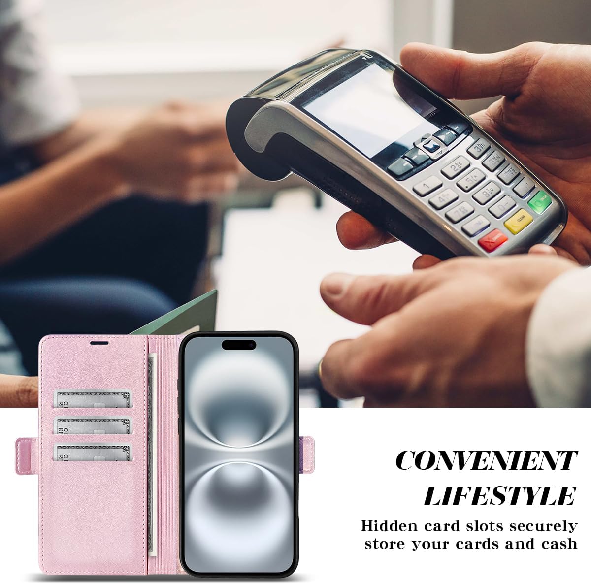 Cavdycidy Compatible with iPhone 17 Pro Max 6.9" Bling Wallet Case with Credit Card Holder,Women Glitter Flip Phone Case Sparkle Rhinestone,RFID Blocking PU Leather Kickstand Shockproof Cover(Pink) - Image 4