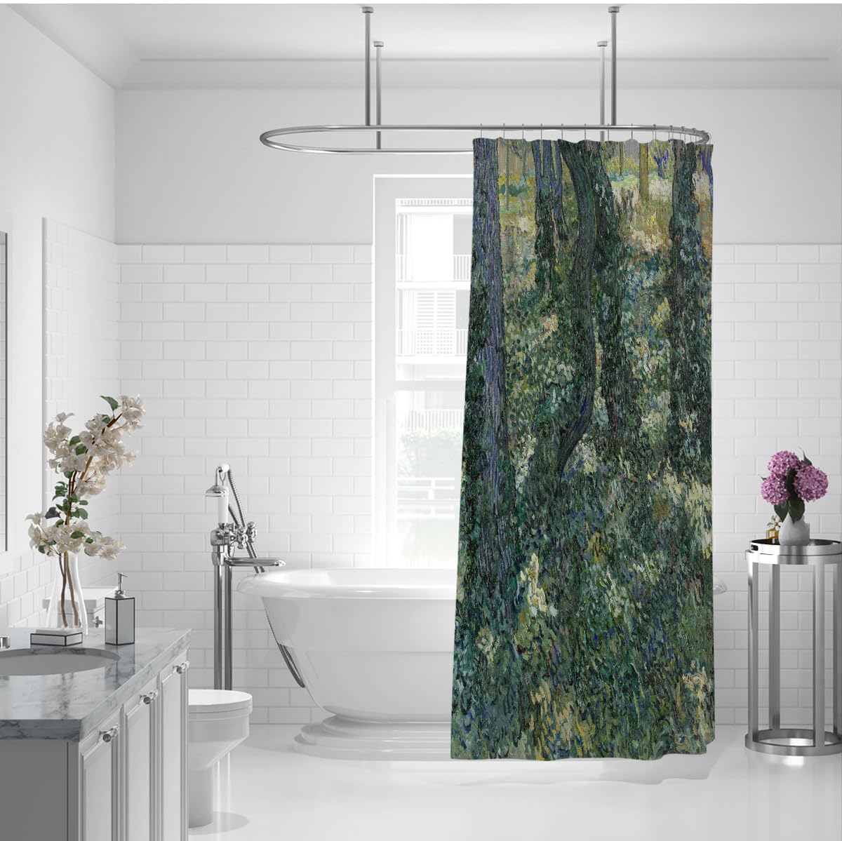 Paysages naturels rétro Rideau de Douche sous-Bois Forêt impressionniste Rideau de Douche paysager Rideaux de Douche en Tissu imperméable Rideaux de Salle de Bain 200 x 240 cm