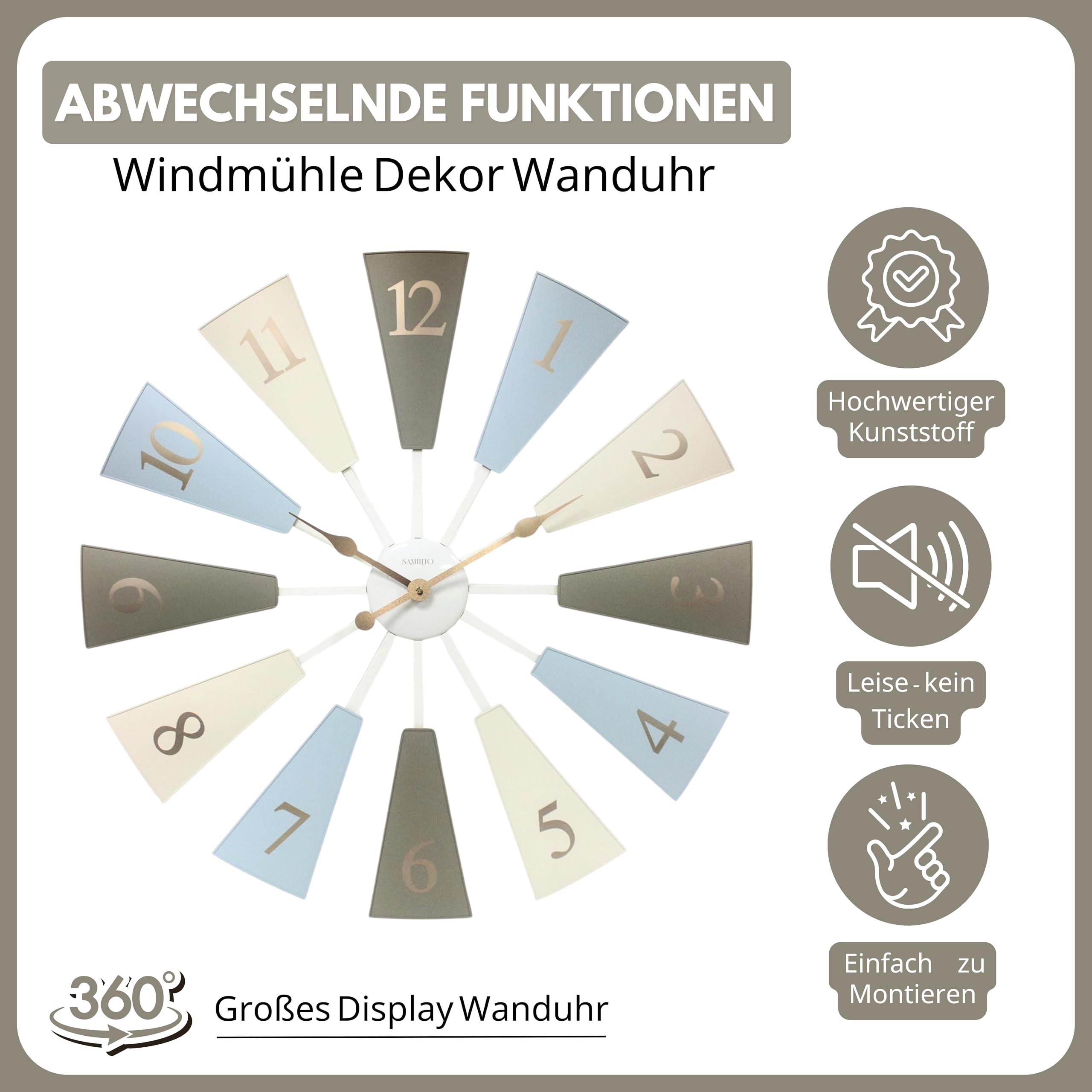 Moderne Windmühlen-Wanduhr Bauernhaus-Stil – Verstellbar 61-81,3 Cm, Lautlos, Für Wohnzimmer, Garten, Terrasse