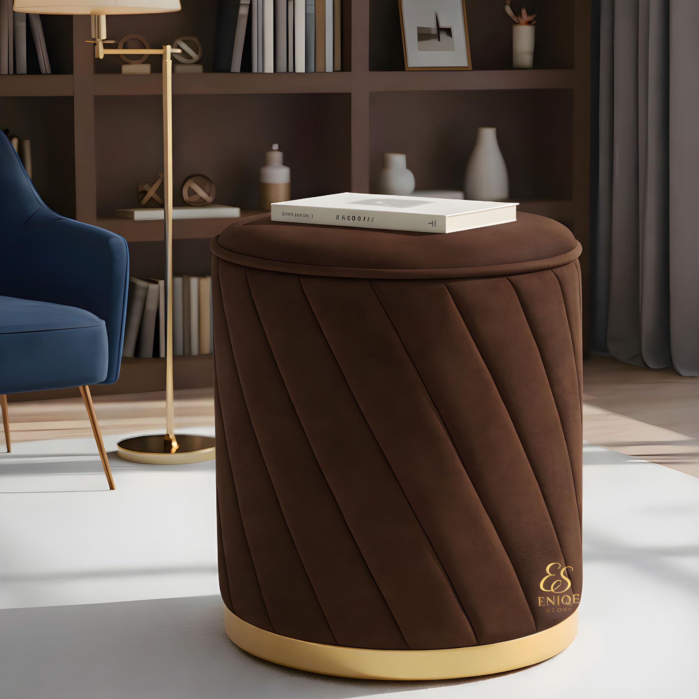 Luxury Round Velvet Ottoman Stool with Gold Base – Modern Upholstered Footrest Pouffe, Tufted Vanity Seat, Living Room Bedroom Dressing Stool (Brown)-image-47