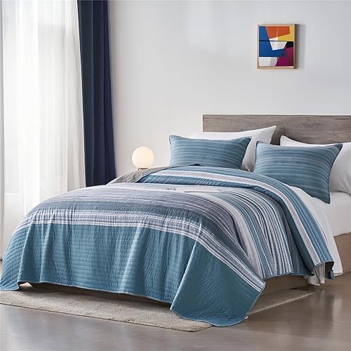 Miniatura 2 de KAKIJUMN Juego de ropa de cama matrimonialqueen, juego de edredón de rayas de retazos blanco, gris y azul, juego de 2 piezas suave y ligero con 1