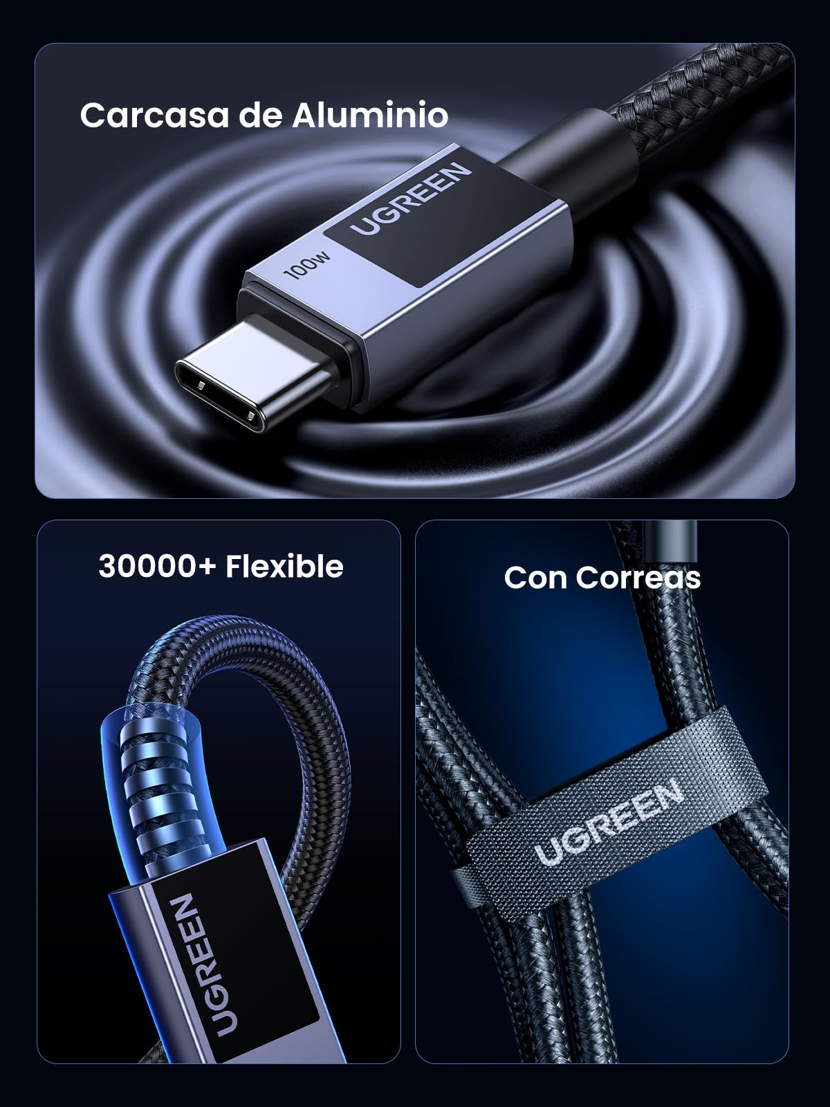 UGREEN 100W Cable USB C Carga Rápida PD 3.0, Tipo C 20V 5A con Carcasa de Aluminio Trenzado Nylon, Compatible con MacBook Air, iPad, iPhone 17 Pro Max Air/16/15, Galaxy S26 S25, Pixel 10/9.1M