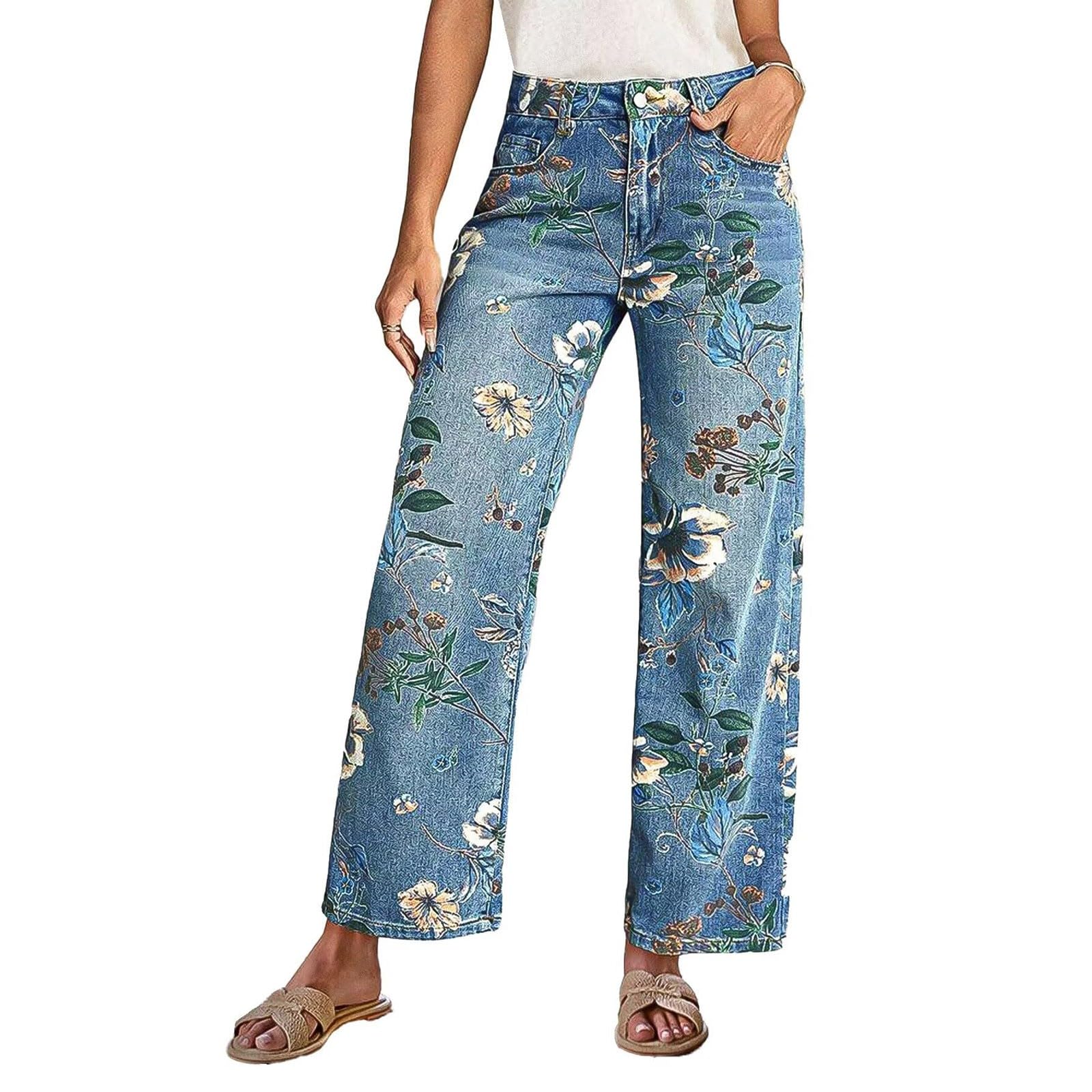Jean vintage brodé floral jambe droite pour femme – Pantalon d'été léger en denim avec confort extensible, pantalon décontracté taille haute jambe large pour tenues bohème chic