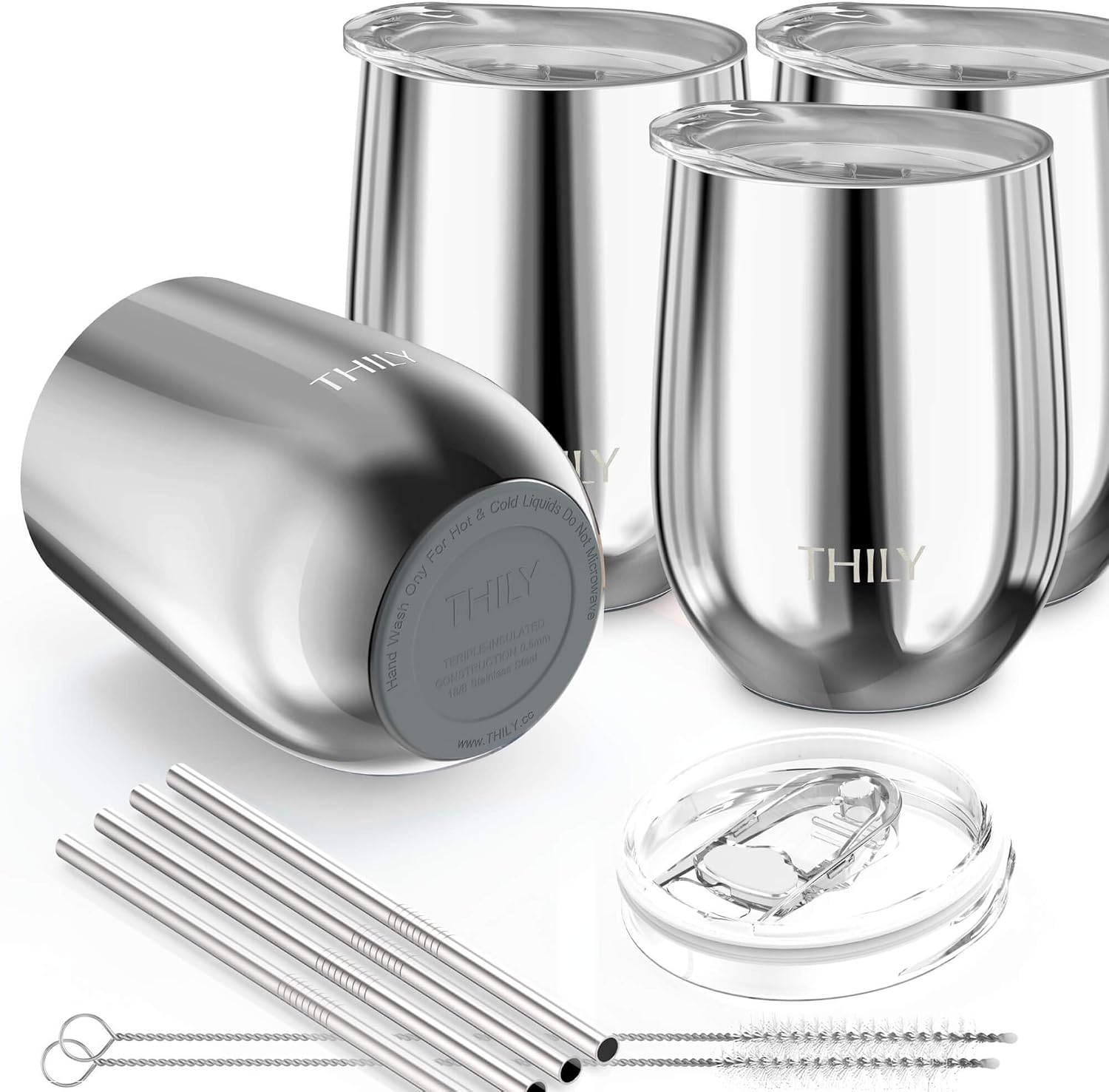 THILY Vacuum Insulated Stemless Wine Tumbler 4 Pack Stainless Steel Wine Glass with Lid and Straw, Keep Cold or Hot for Coffee, Cocktails, Christmas Birthday Gift, Mirror Silver image 4