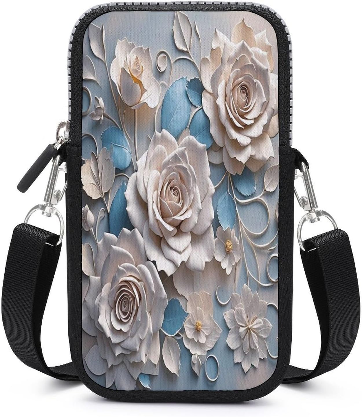 Rose Elegant Decorative Floral Small Crossbody Bag, Lightweight Cell Phone Purse with Strap, Travel Pouch Shoulder Bag for Women