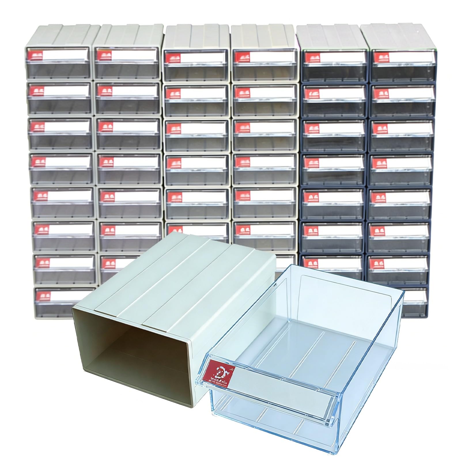 Bac de rangement en plastique gris x30 avec étiquettes pour bureau