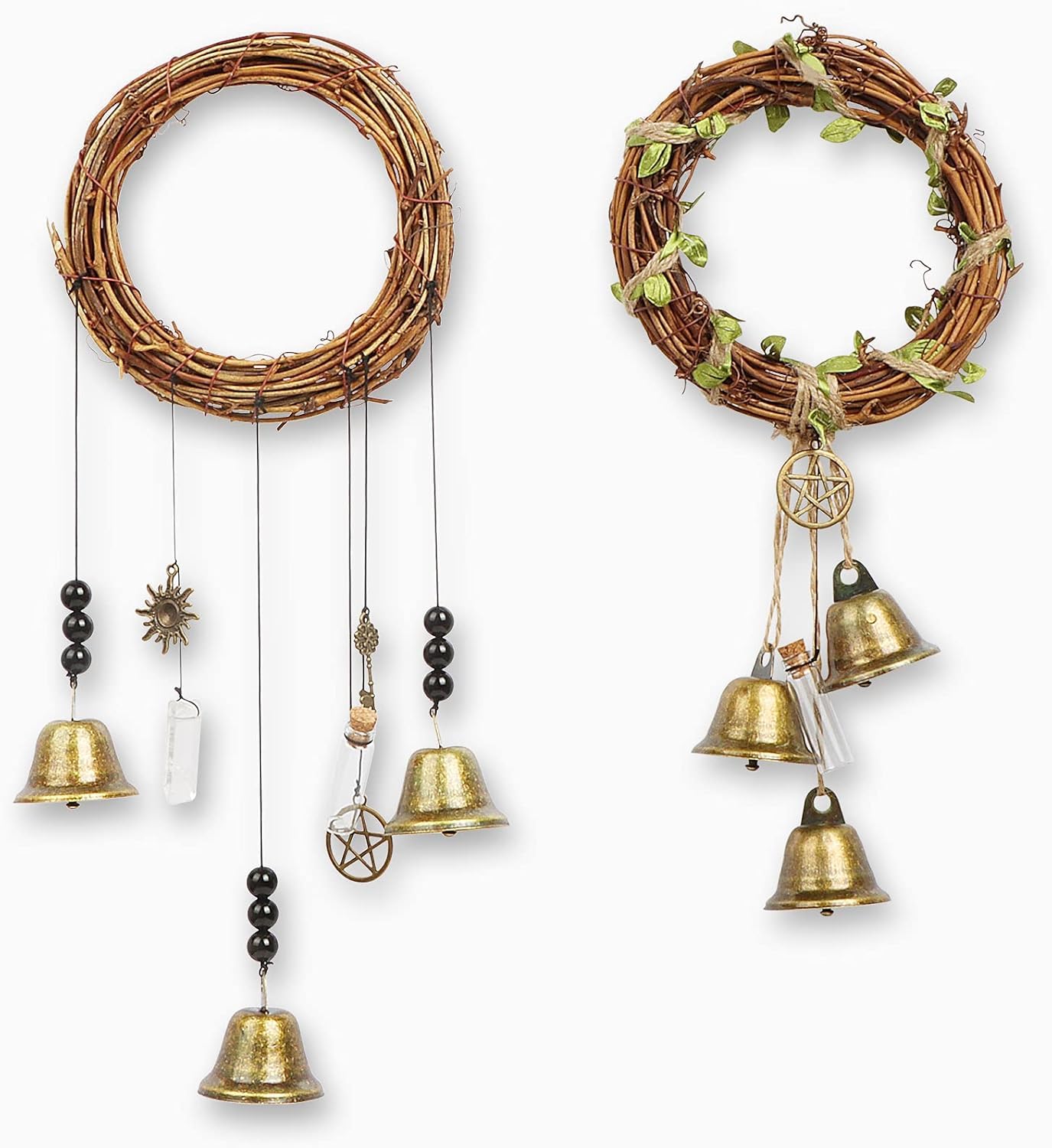 Scacciapensieri Da Appendere Stile Strega - 2 Pezzi In Rattan E Metallo Per Esterni - Foto 3