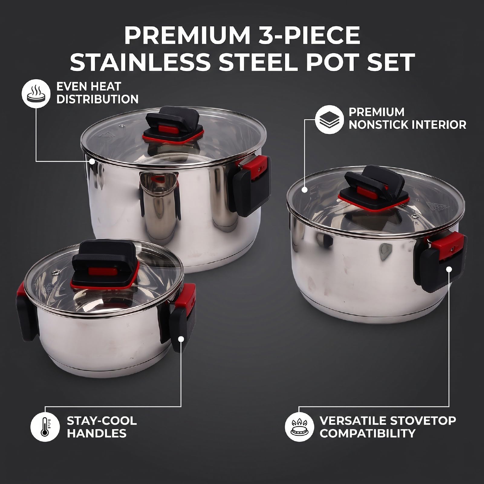 Generic Juego de Ollas Duraderas de Acero Inoxidable, Ollas Antiadherentes para Cocineros Caseros, 3 uds., 1,8l, 2,7l, 5,8l, Seguras para Horno de Inducción