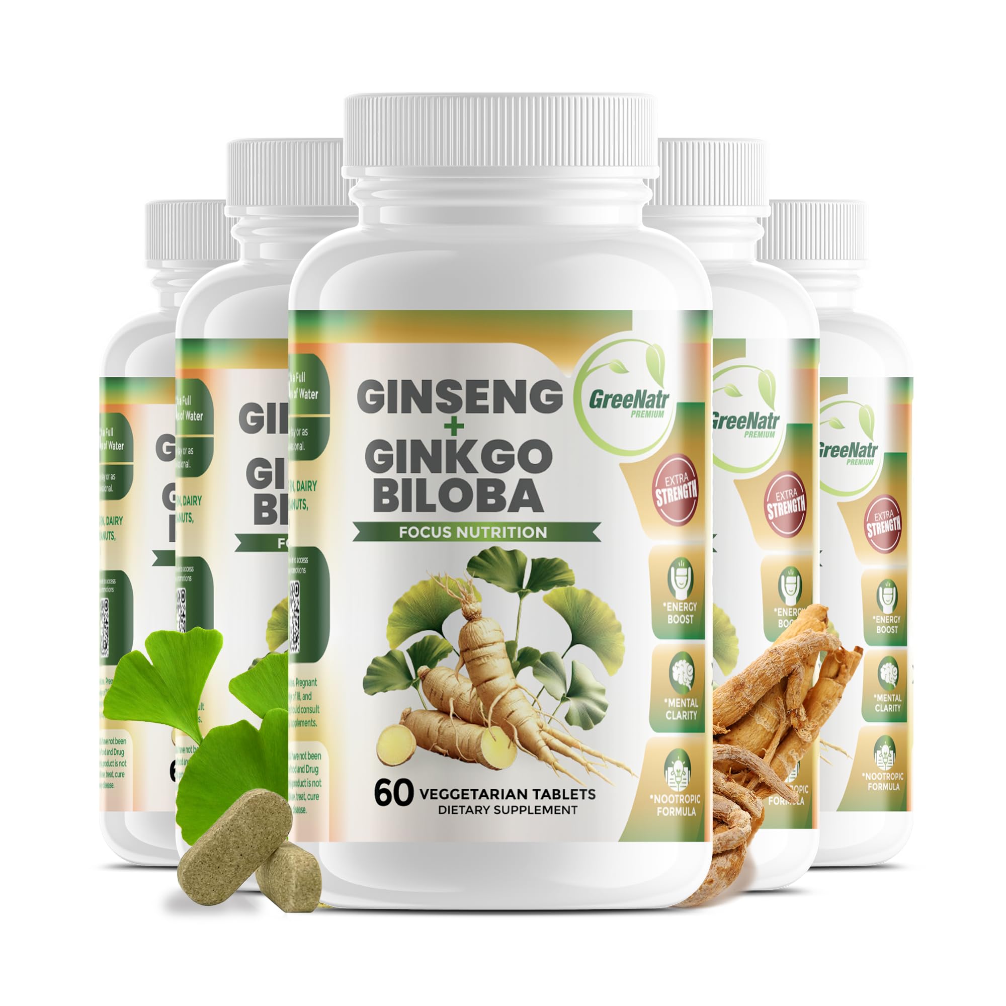 GreeNatr Ginko Biloba & Panax Ginseng Supplement - Red Ginseng for Memory and Focus - Ginkgo Biloba for Good Vision, Immune System and Improved Blood Flow (360 Tablets: 6 Bottles)