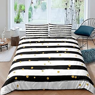 Black and White Stripe Bedding Set for Girls Boys Children Gloden Polka Dots Comforter Cover Gold Duvet Cover Simple Classic Design Bedspread Cover Streak Full Size 3Pcs Bedclothes