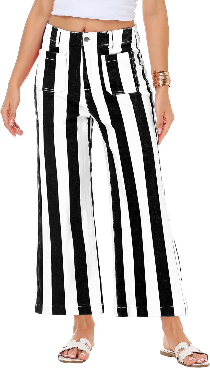 Women Striped Jeans Stretchy Cropped Vertical Denim Pants with Pockets - Image 5