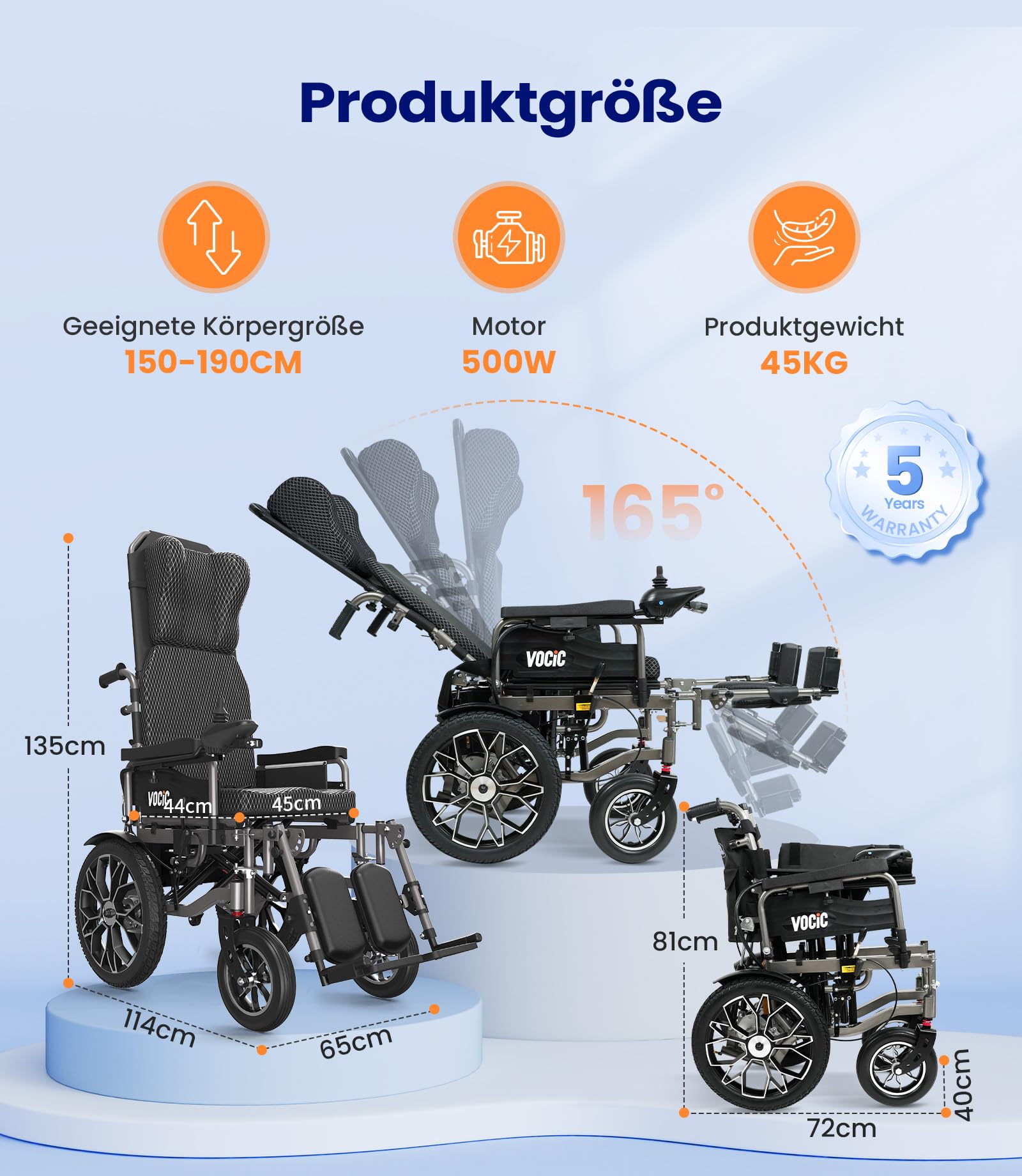 VOCIC V57 Sedia a rotelle ergonomica elettrica pieghevole leggera | Carrozzina elettric per disabili con schienale regolabile a 165° sedia a rotelle elettrica da 30 chilometri, fino a 150 kg