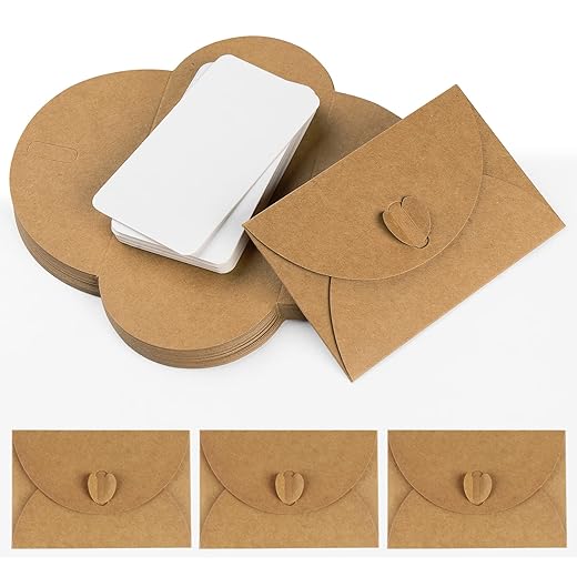 ABSOFINE 25 Pcs Mini Envelopes with Heart Shaped Clasp,Mini Kraft Paper Envelopes, Small Envelope with Blank Cards for Business Card, Weddings Favors,Greeting Cards (4.1 x 2.8 inch)