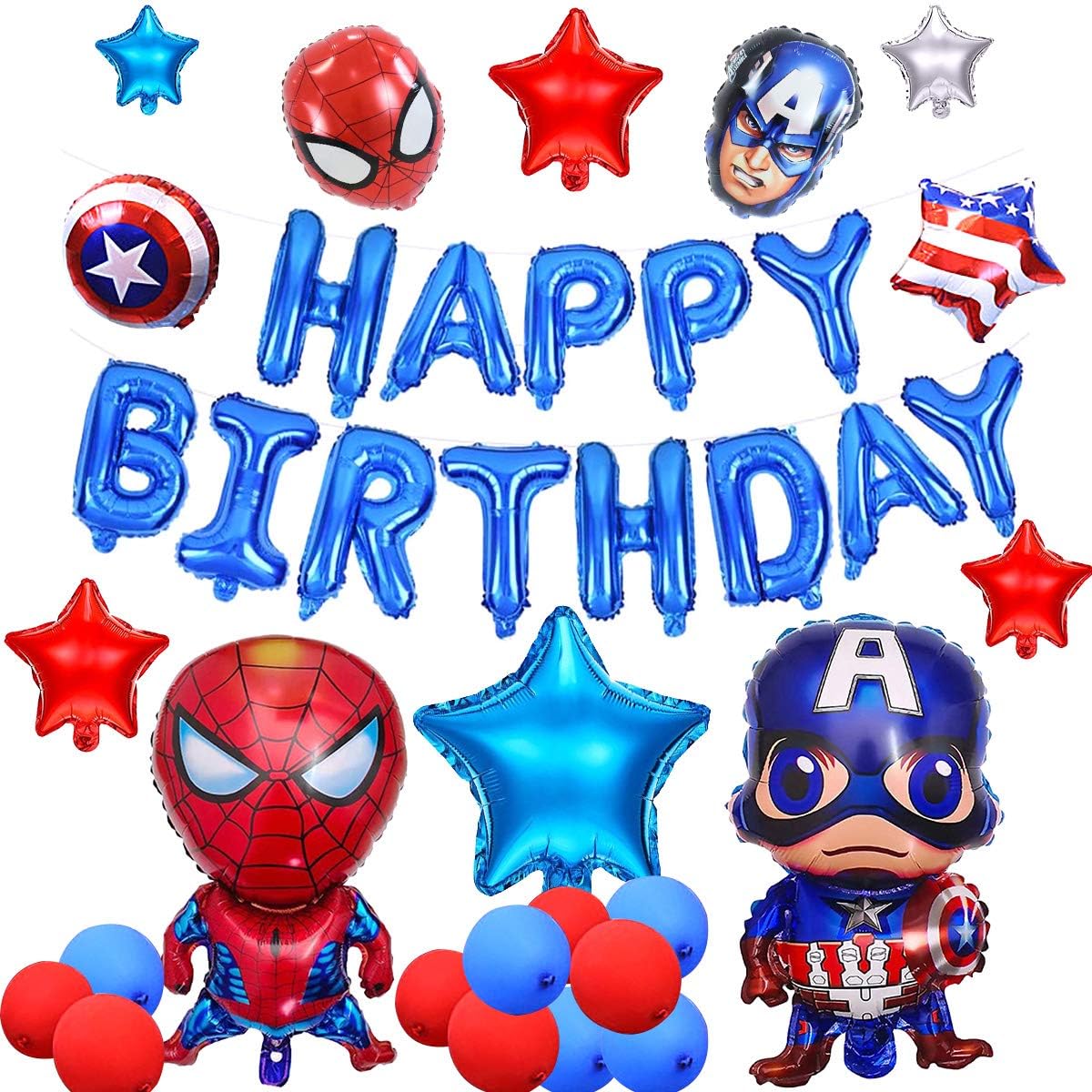 Xinyidl 16Inch Blue Balloons Happy Birthday Banner, Latex Aluminum Foil Spiderman and Captain America Balloons Banner, Reusable Birthday Party Decoration Supplies