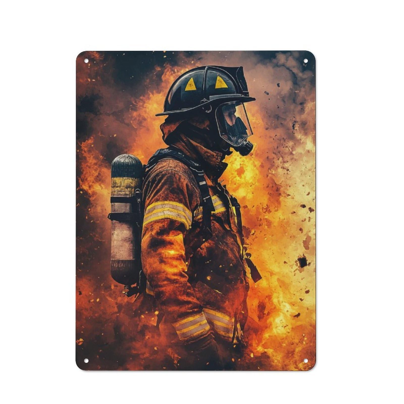 Tin Wall Plaque 40x30cm with Firefighter in Action for Pub Or Café, with Clear Vintage Wall Decor Character