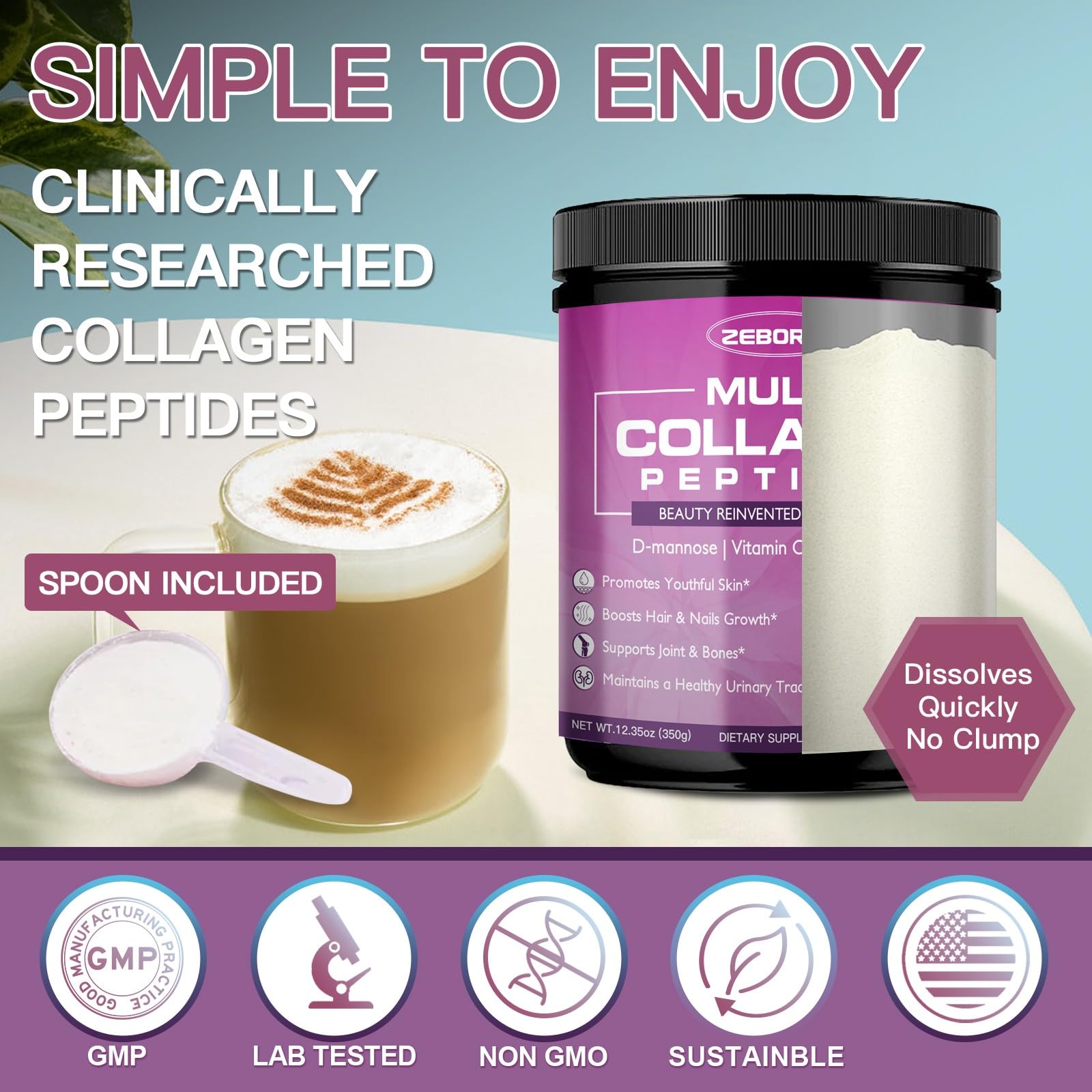 ZEBORA Multi Collagen Peptides Powder for Women – Hydrolyzed Collagen Peptides with D-Mannose & Women's Probiotics – Supports Skin, Hair, Nails, and Urinary Tract Health, Unflavored, 35 Servings