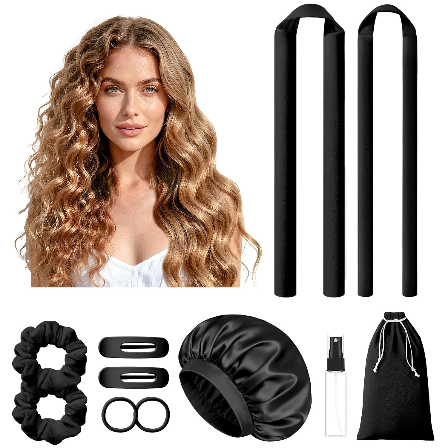 LitBear Heatless Curls Overnight, 2 Sizes of Soft Hair Rollers for Women with Bonnet to Sleep In, No Heat Hair Curlers Set with Scrunchies and Clips, for Long and Medium Hair (Pink) 1 pcs