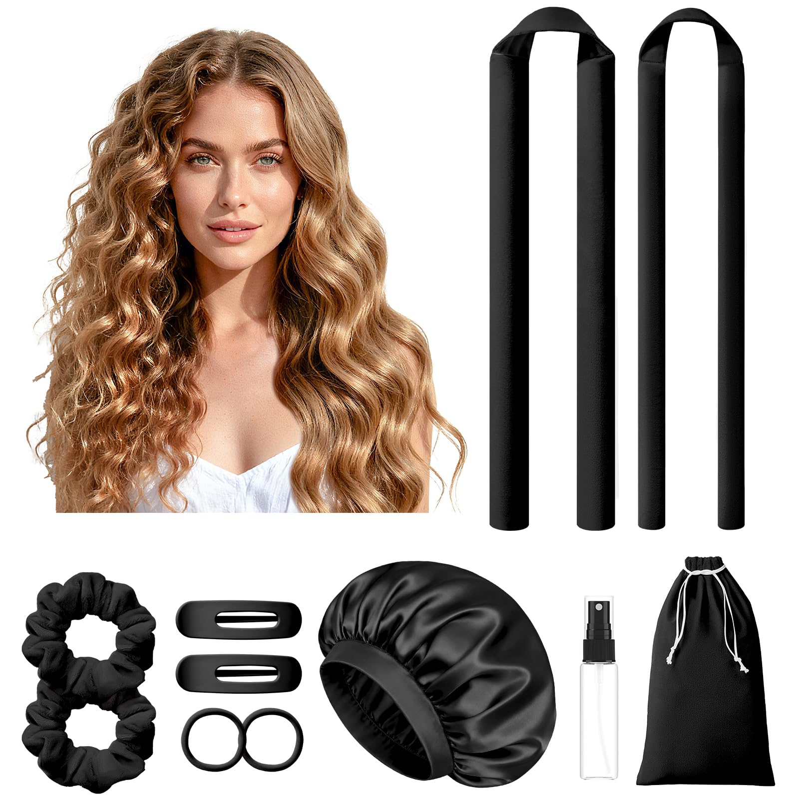 LitBear Lockenwickler Locken Ohne Hitze – 2 Größen Heatless Curls mit Schlafhaube, Lockenwickler über Nacht mit Scrunchies und Haarclips, Rutschfeste Hair Curler für langes, mittellanges