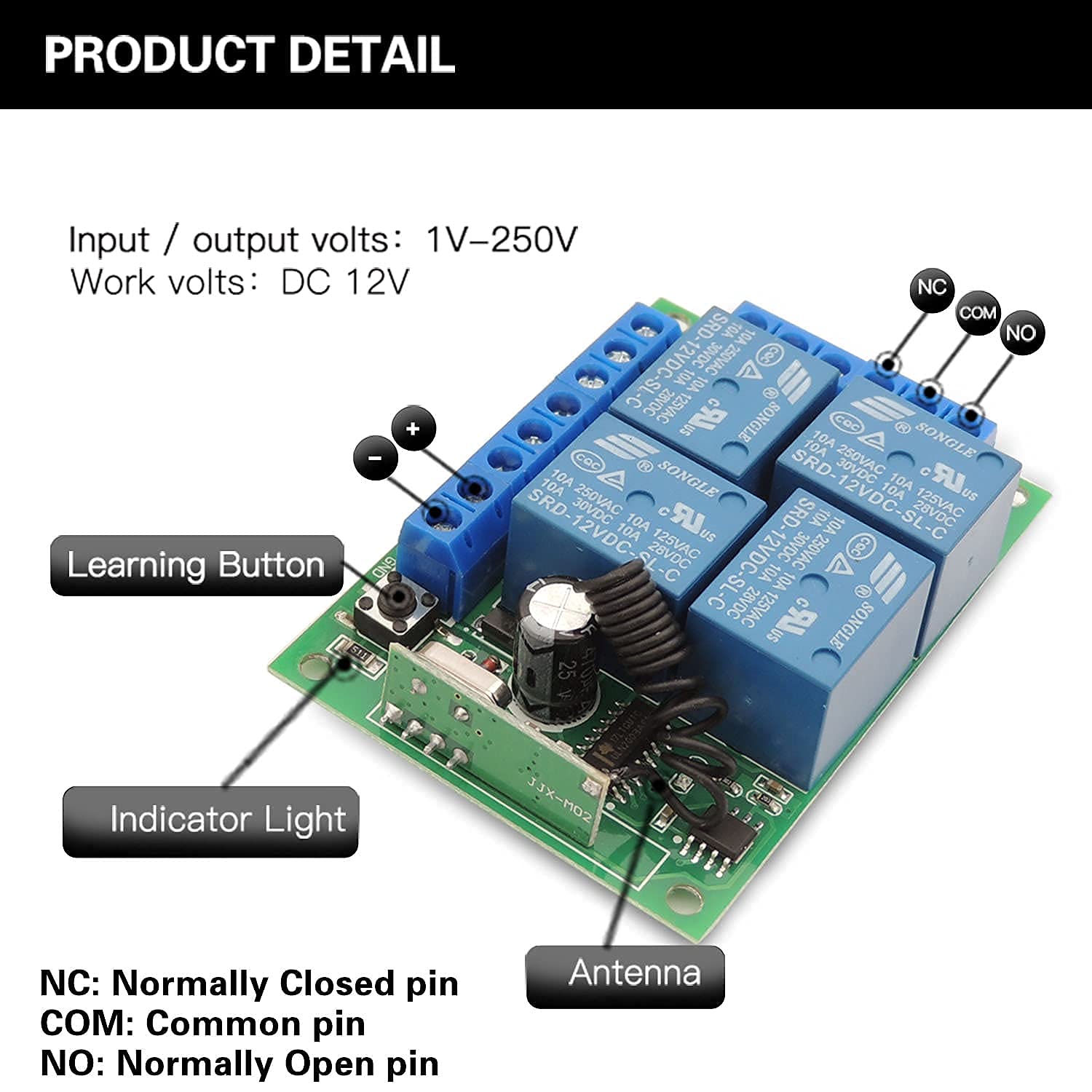 Detallada view of the receiver board showing the learning button, indicator light, antenna, and screw terminals labeled NC, COM, NO.