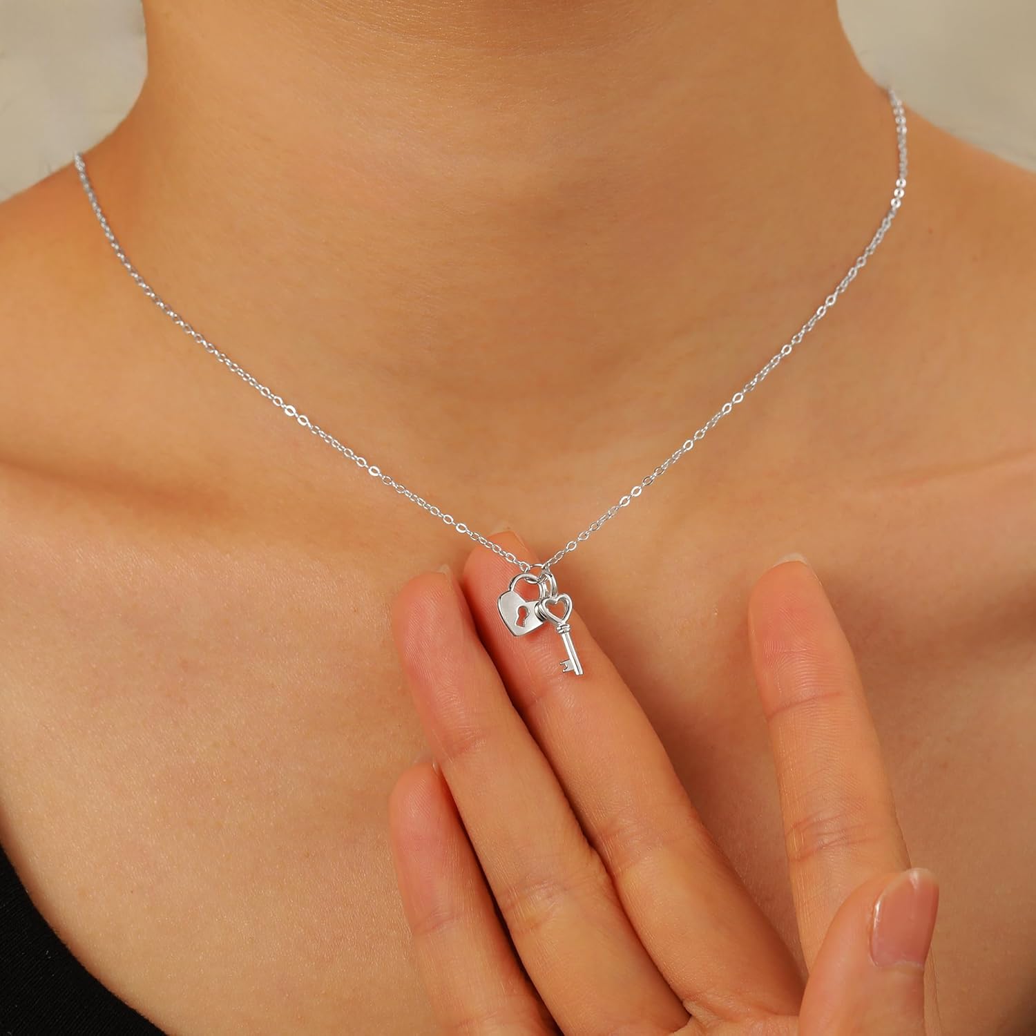 SUYACS Heart Lock Key Necklaces for Women Couple 925 Sterling Silver Love Heart Pendant Necklace Dainty 14K Gold Plated Padlock Collar Choker Chain Birthday Gifts for Girlfriend - Image 3