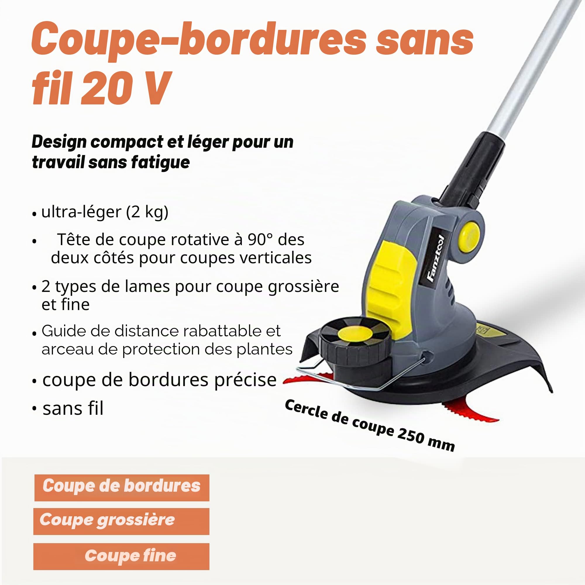 FANZTOOL Débroussailleuse Électrique sans Fil, Coupe-Bordure sans Fil avec Batterie, avec Chargeur Inclus, Lame Droite et Lame Courbée Dentée, Poignée Réglable, idéale pour Jardin, pelouse et Champs