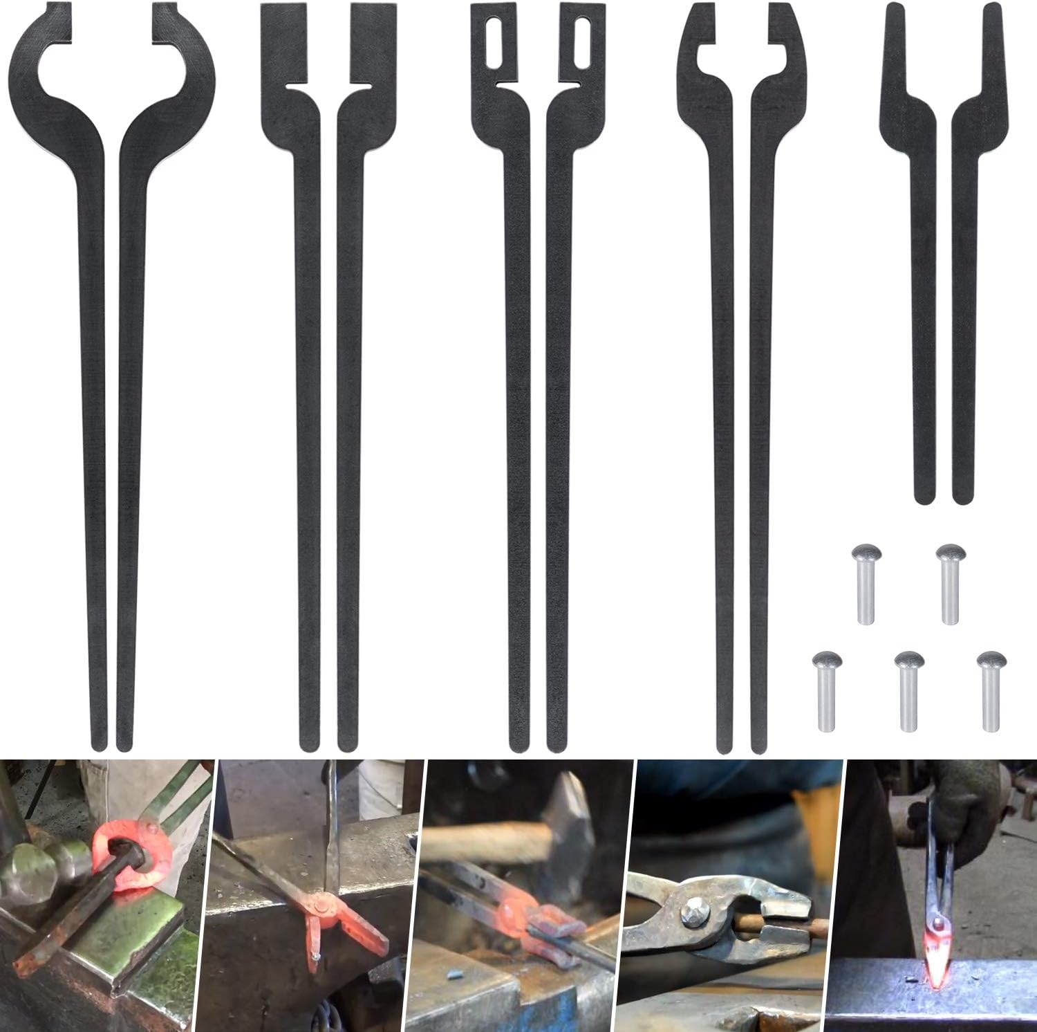 Rapid Tongs Bundle Set Five Types of Tongs DIY Blacksmith Tongs Come With Rivets Include Rapid Bolt/Flat Jaw/Slot Jaw/V-Bit/Scroll Tongs