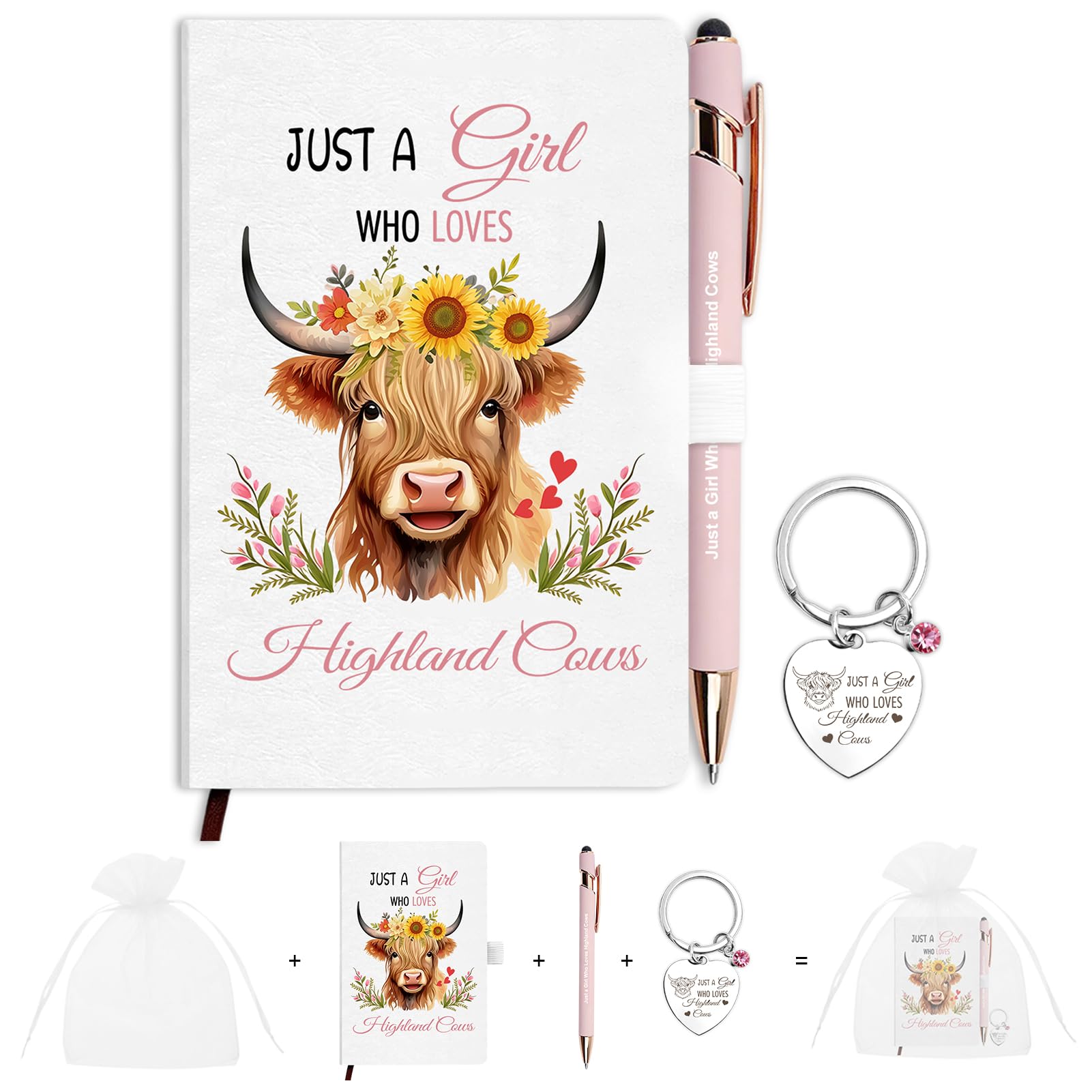 QBEJIME Highland Cow Gifts for Women, Stationery Gifts for Women Set With Faux Leather Notebook Pink Pen Keychain Organza Bag for Friend Teacher Christmas Valentines Graduation