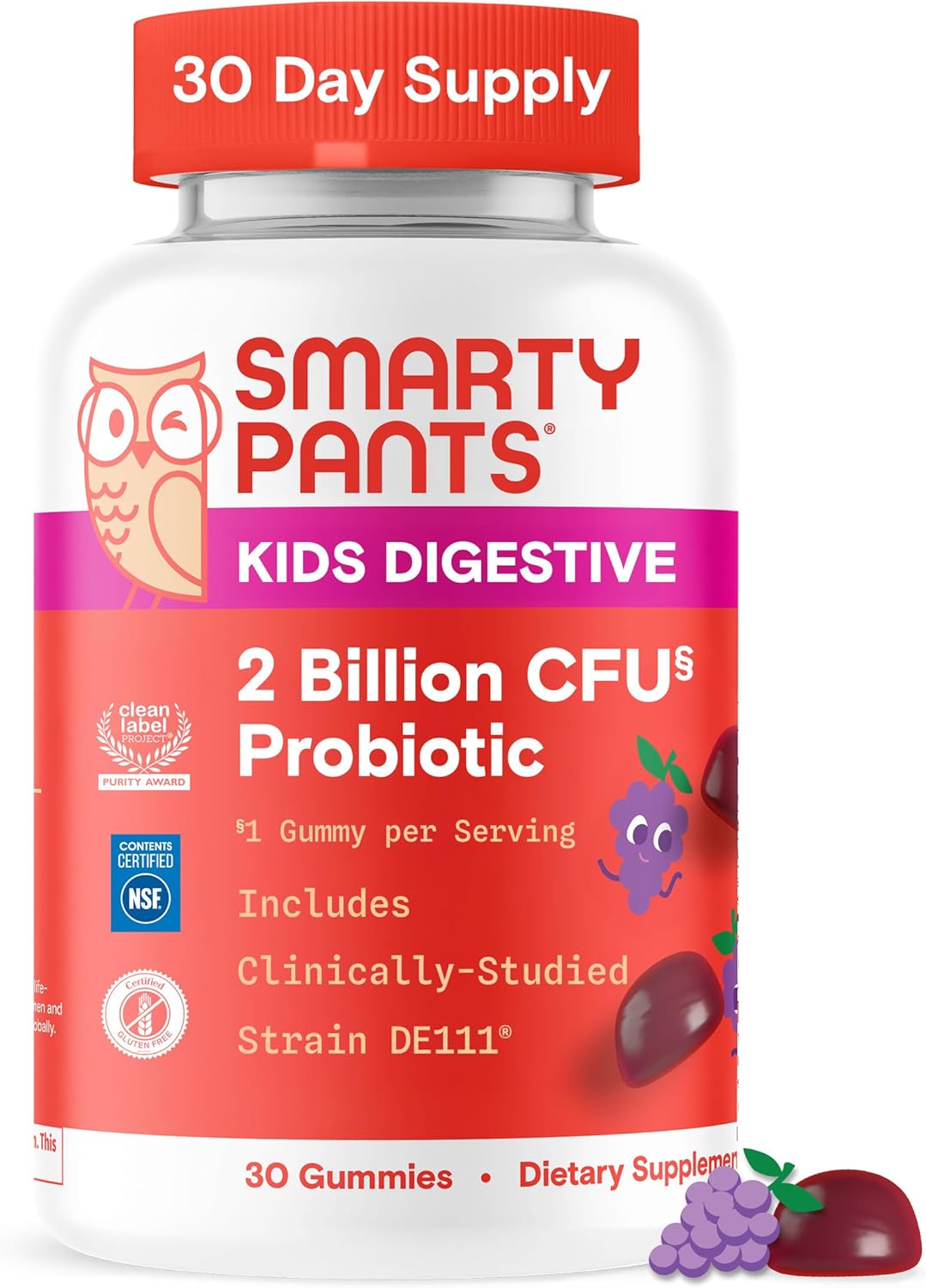 SmartyPants Kids Probiotic Gummies for Digestive Health: 2 Billion CFU Gut Health and Immune Support Supplement, Clinically Studied Probiotic, Gluten Free, Grape, 30 Count (30 Day Supply)