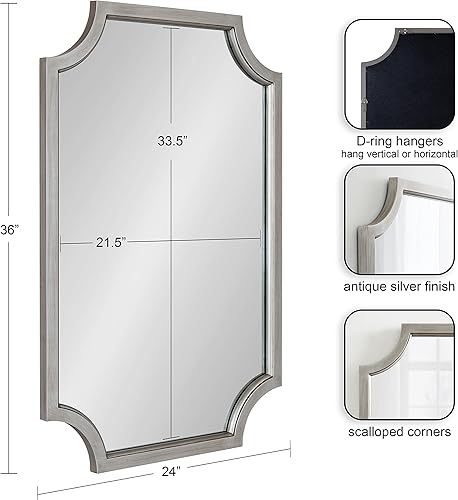 Miniatura 2 de Kate and Laurel Hogan - Espejo de pared festoneado moderno 24 x 36 pulgadas plata envejecida decoración de pared decorativa tradicional glamorosa