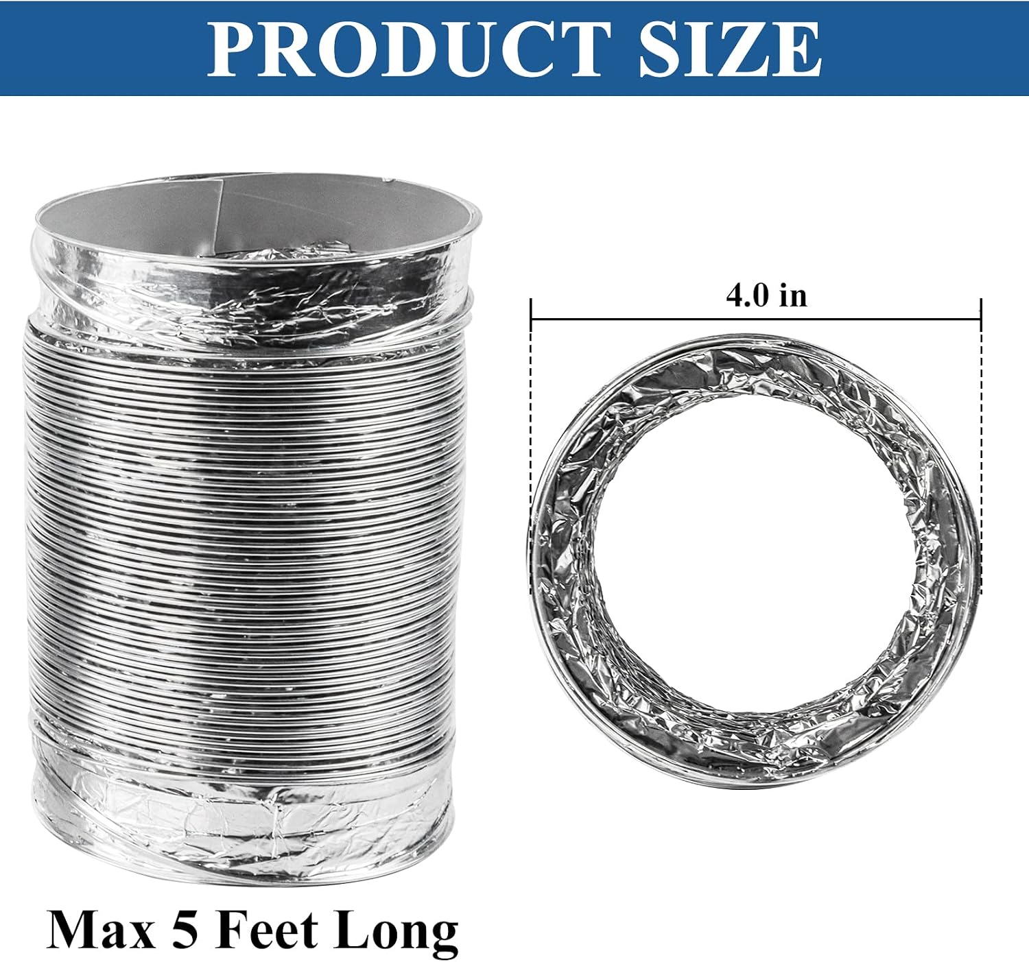 Funmit Dryer Vent Hose Kit - 4 In Diameter by 5 Ft Length - with 2 Stainless Steel Worm Clamp - Flexible Universal Aluminum Foil Non-Insulated - Silver