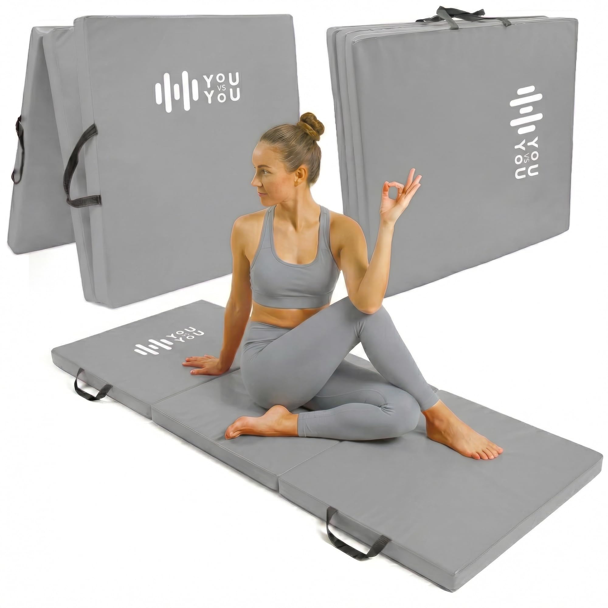 You vs You Yoga Mat | Thick Folding Yoga Exercise Pilates Gymnastic Mat | Non-Slip | Stretching and Core Exercise | Sweat Proof and Easy to Clean | Fold for Easy Store and Carrying (Grey)