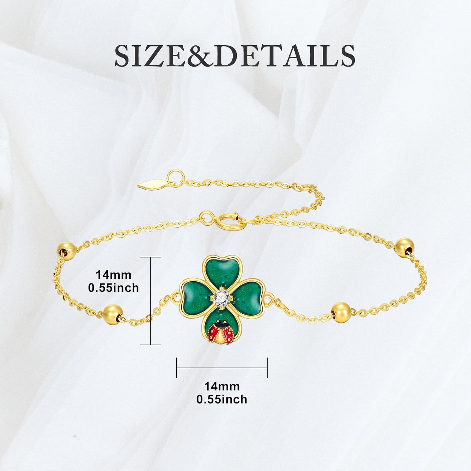 Aihpos 14K Solid Gold Four Leaf Clover Bracelet - Lucky Clover Bracelet with Ladybug 4 Leaf Clover Bracelet 14 Karat Yellow Gold Green Clover Bracelet for Women