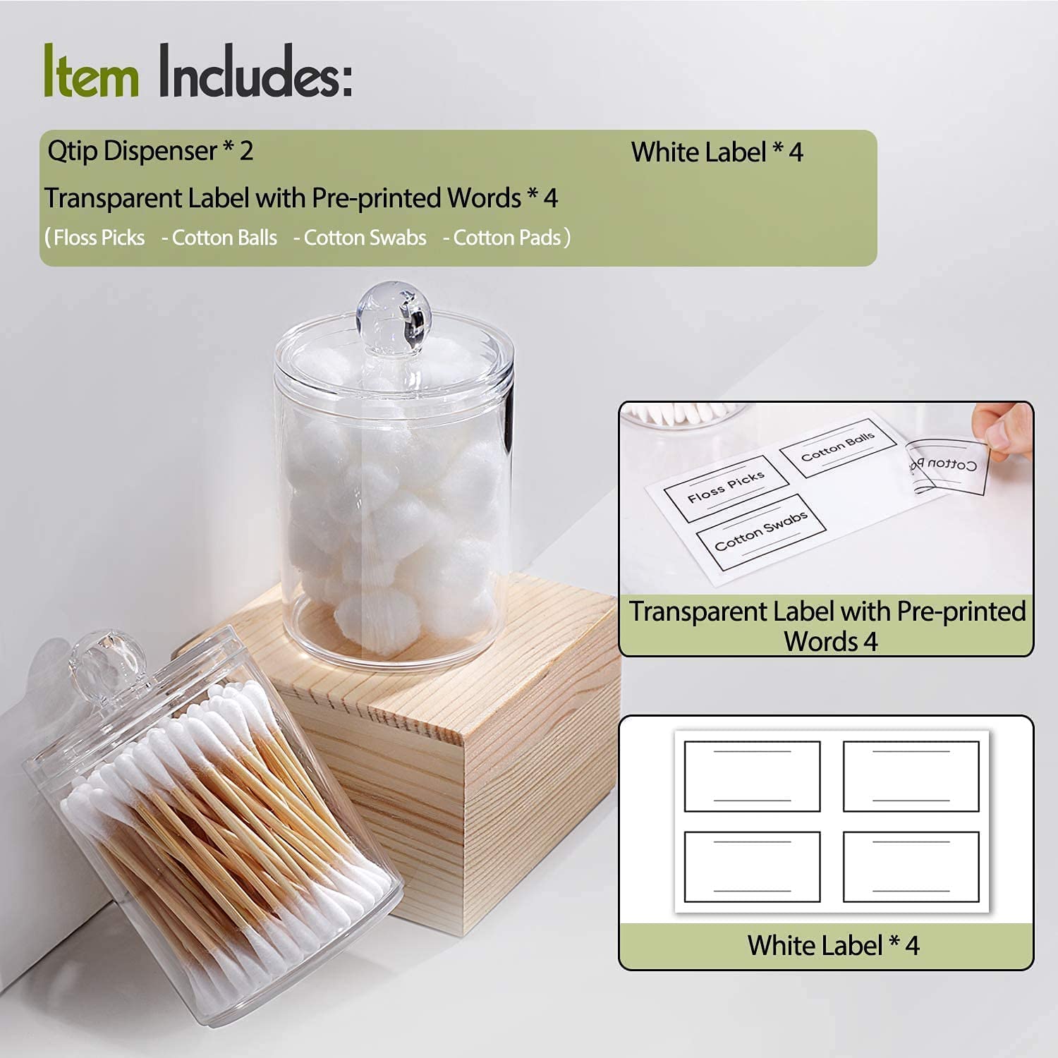 Kienlix Acrylic Cottonswab Storage Dispenser, Clear Cotton Ball Holder Cotton Earbud Storage Box, Cosmetics Makeup Storage Holder Box for Women Organizer Container with Lid-(Natural - pack of 2) 4