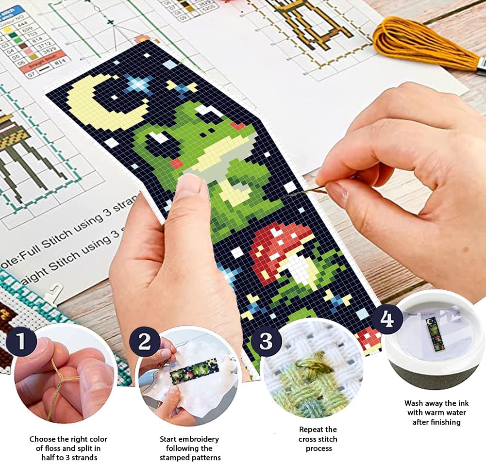 FREEBLOSS 6 Set Cross Stitch Bookmark Kit 11CT DIY Cross Stitch Kits Frog Pattern Stamped Embroidery Kit with Instructions Bookmark Making Set for Adult Beginners 8x2.4inch