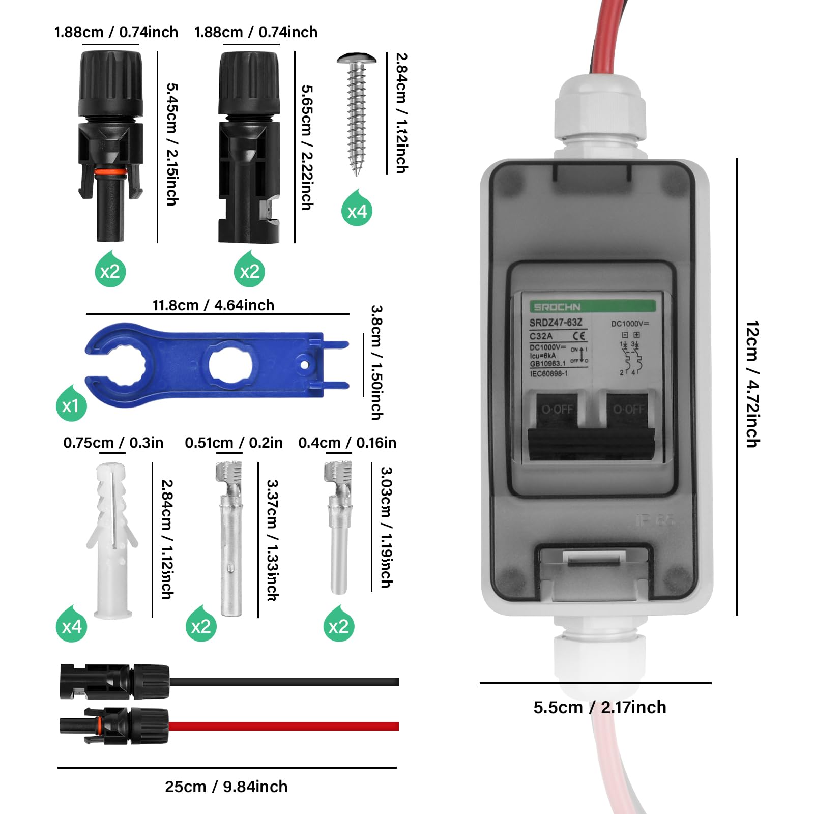 TEOV Interruttore di separazione solare PV, 2P 32 A, 1000 V, con cavo, IP65, impermeabile, per impianto solare PV