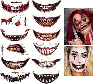 12PCS Halloween Temporary Face Tattoos Kits, Horror Makeup Clown Mouth Temporary Stickers Removable Realistic fake Tattoo Kit for Masquerade Halloween Cosplay Party Decorations