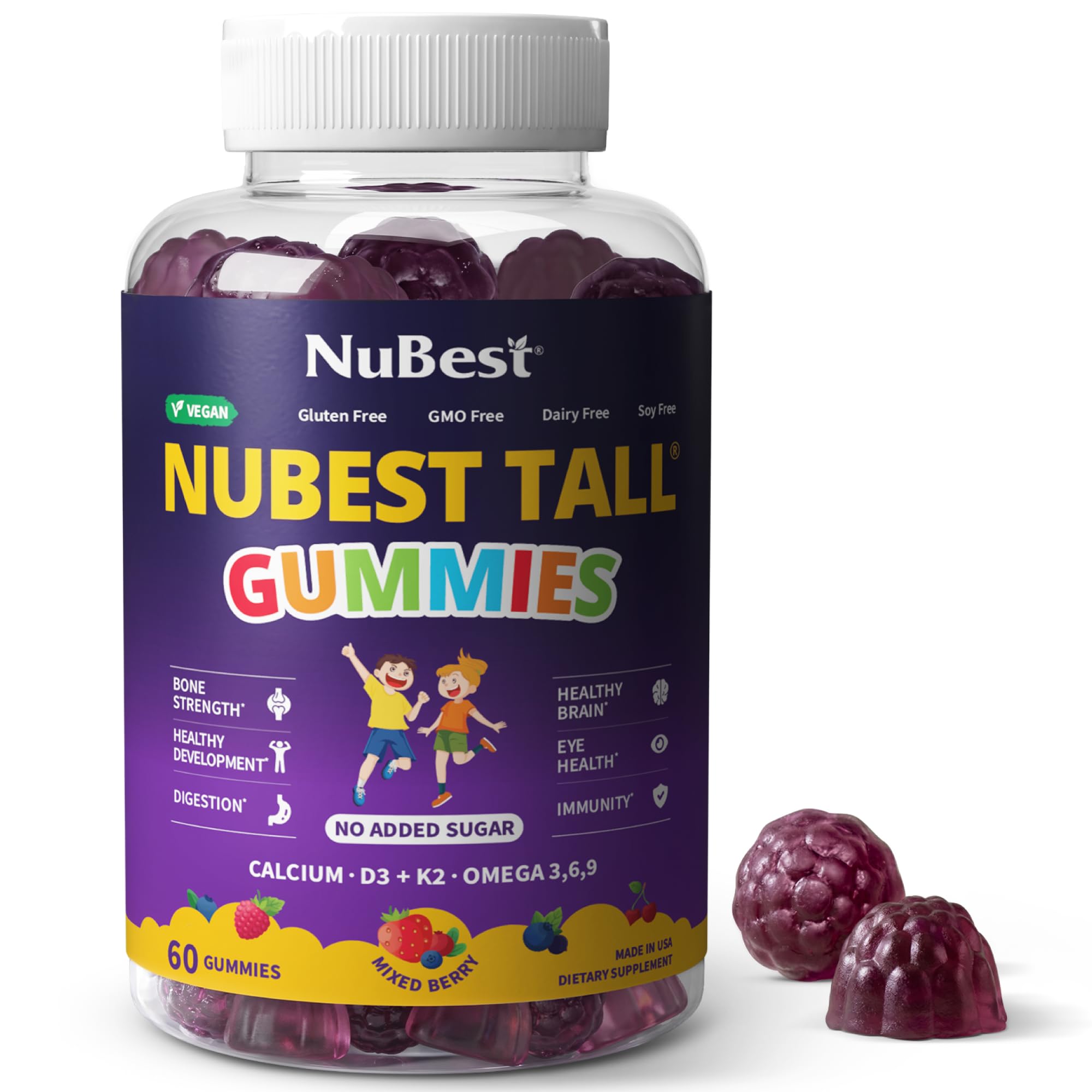 NuBest Tall Gummies for Kids 2+ & Teens, Sugar-Free Growth Support Vitamins | 20+ nutrients with Calcium, Vitamin D3, K2, Magnesium & Zinc, vegan pectin, no artificial colors, mixed berry, 60 gummies
