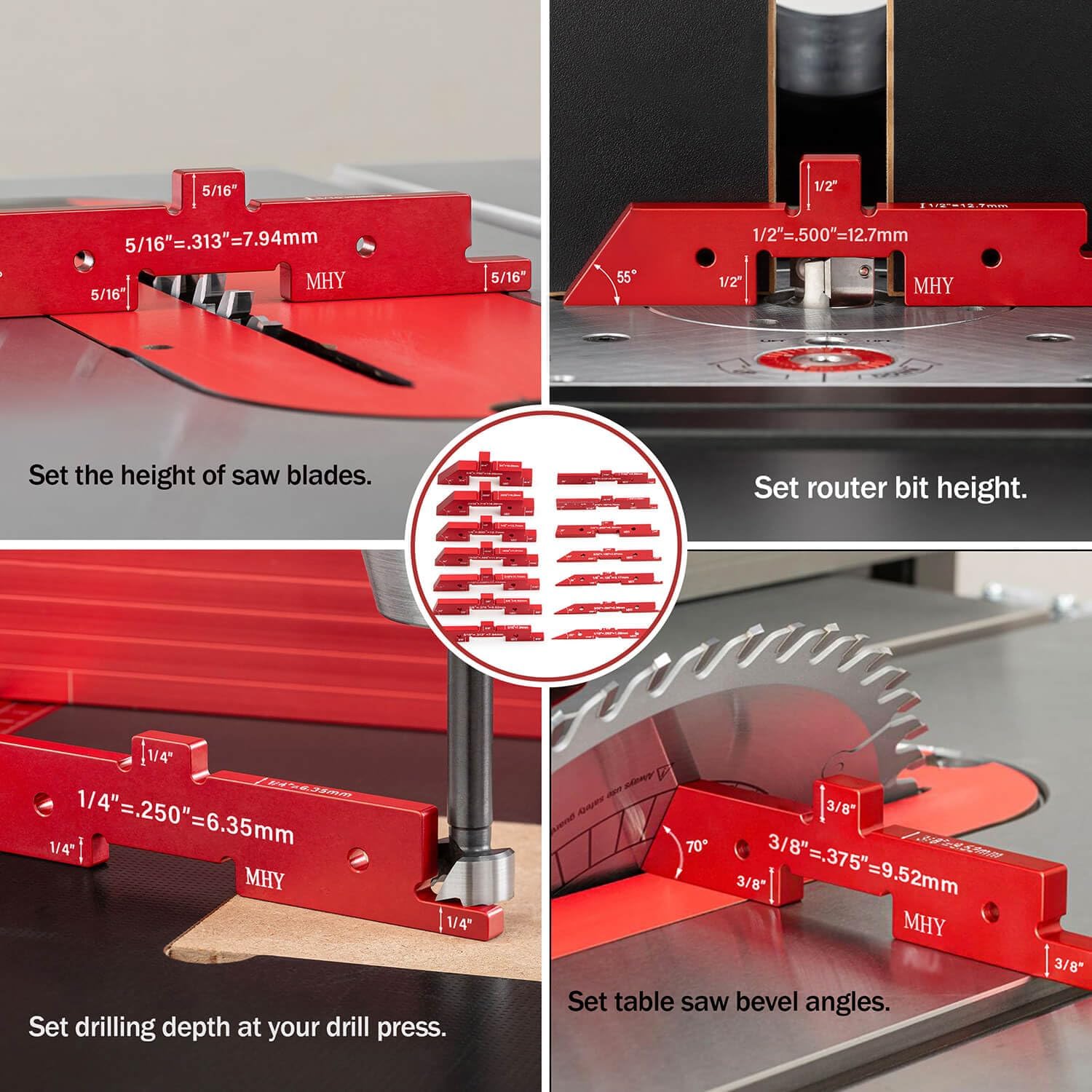 MHY 15 PCs 6061-T651 Aluminum Table Setup Blocks for Woodworking |Height, Depth, Angle & Fence Alignment Gauge Set with Laser-Marked and Durable Storage Case
